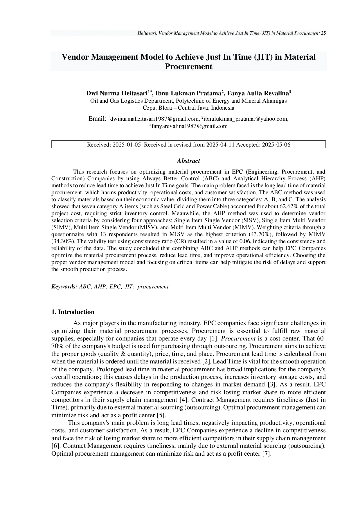 JURIS Vendor Management Model to Achieve Just In Time JIT in Material Procurement