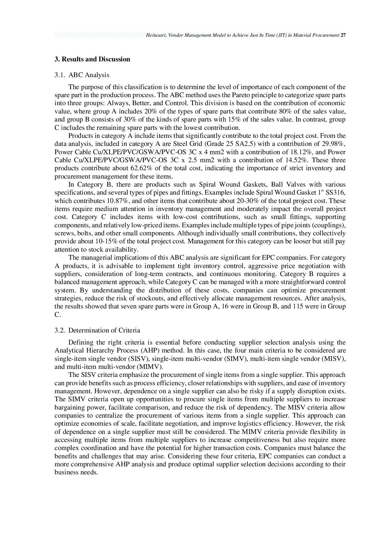 JURIS Vendor Management Model to Achieve Just In Time JIT in Material Procurement