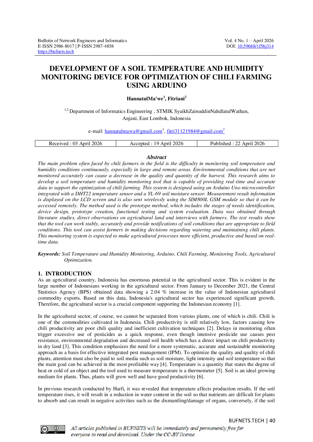 JURIS Development of a Soil Temperature and Humidity Monitoring Device for Optimization of Chili Farming Using Arduino