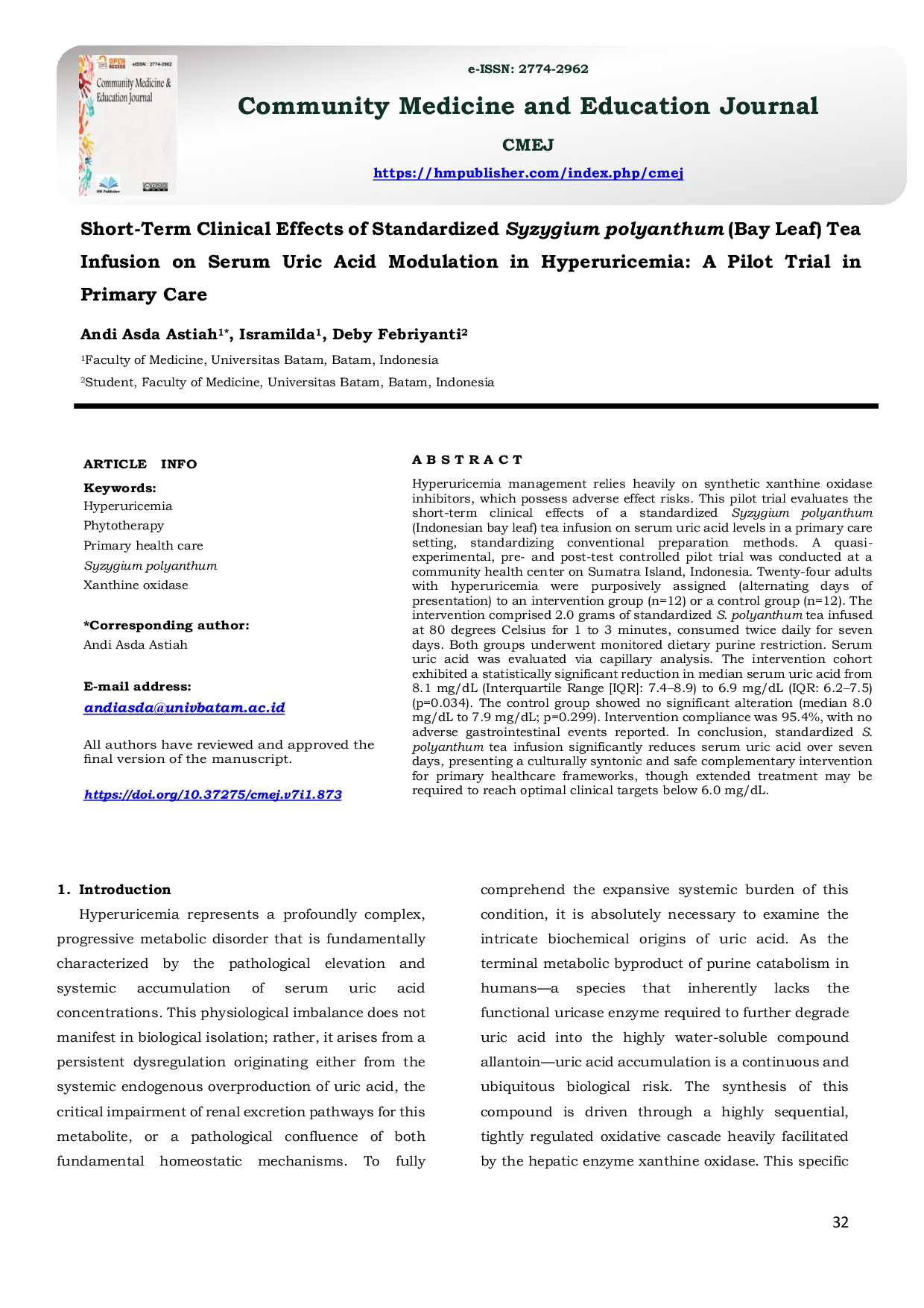 JURIS Short Term Clinical Effects of Standardized Syzygium polyanthum Bay Leaf Tea Infusion on Serum Uric Acid Modulation in Hyperuricemia A Pilot Trial in Primary Care