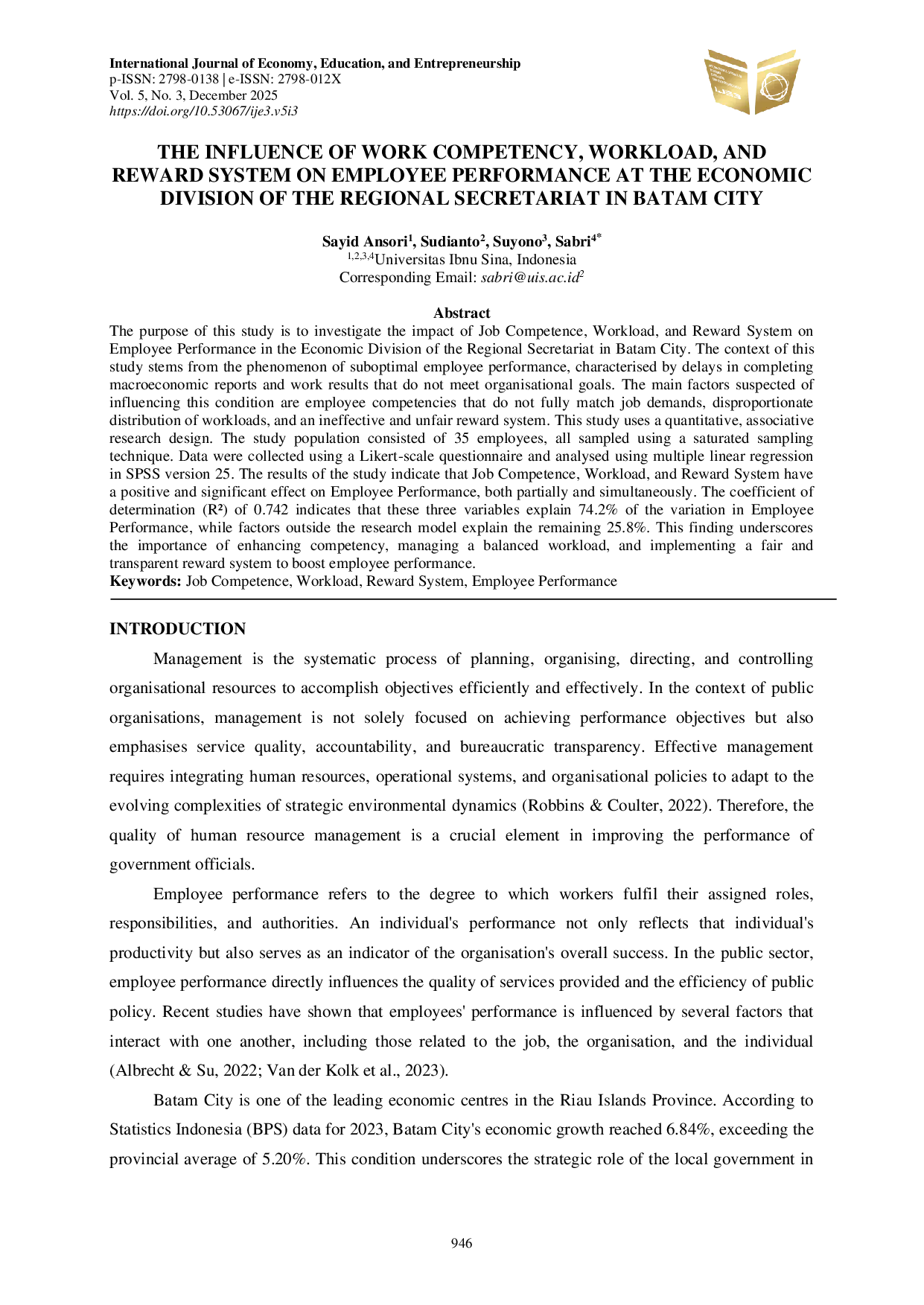 JURIS The Influence of Work Competency Workload and Reward System on Employee Performance at the Economic Division of the Regional Secretariat in Batam City