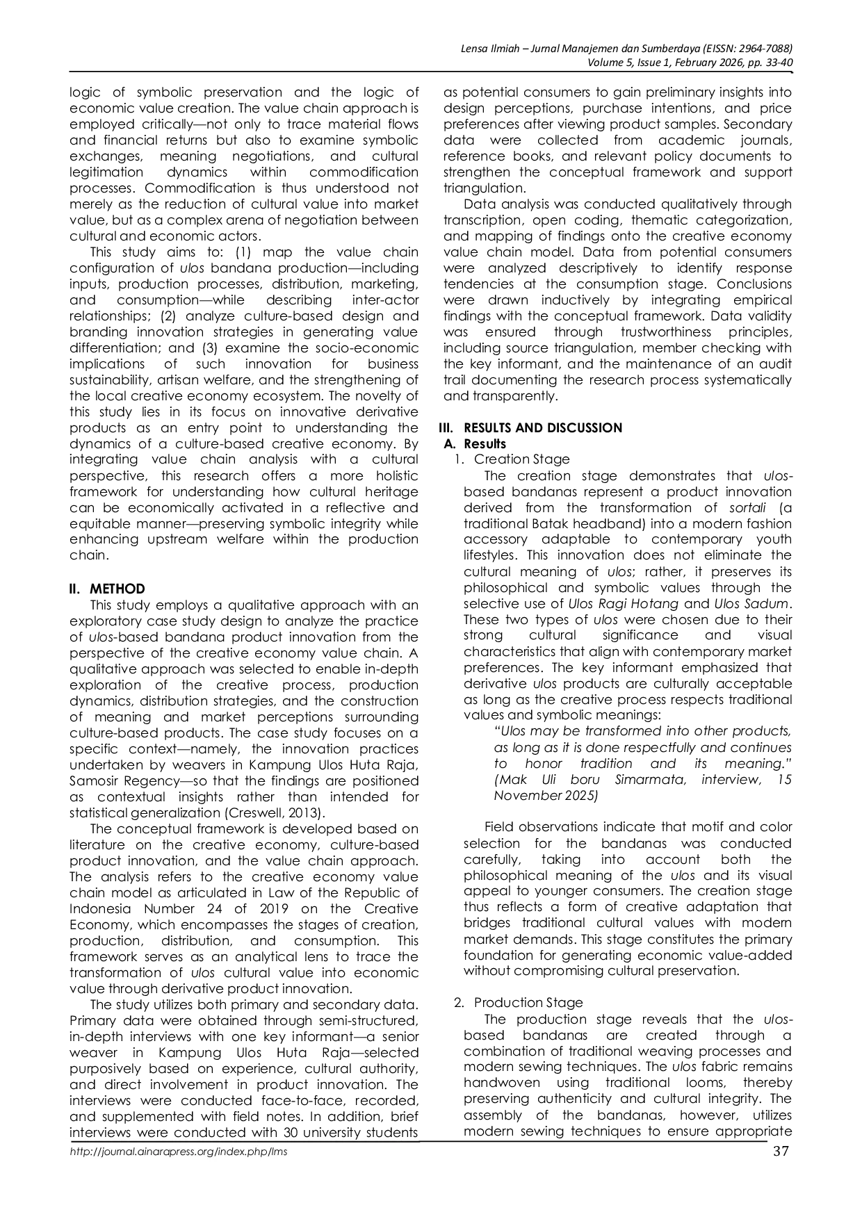 JURIS Product Innovation Practices of Ulos Based Bandanas in the Creative Economy Value Chain