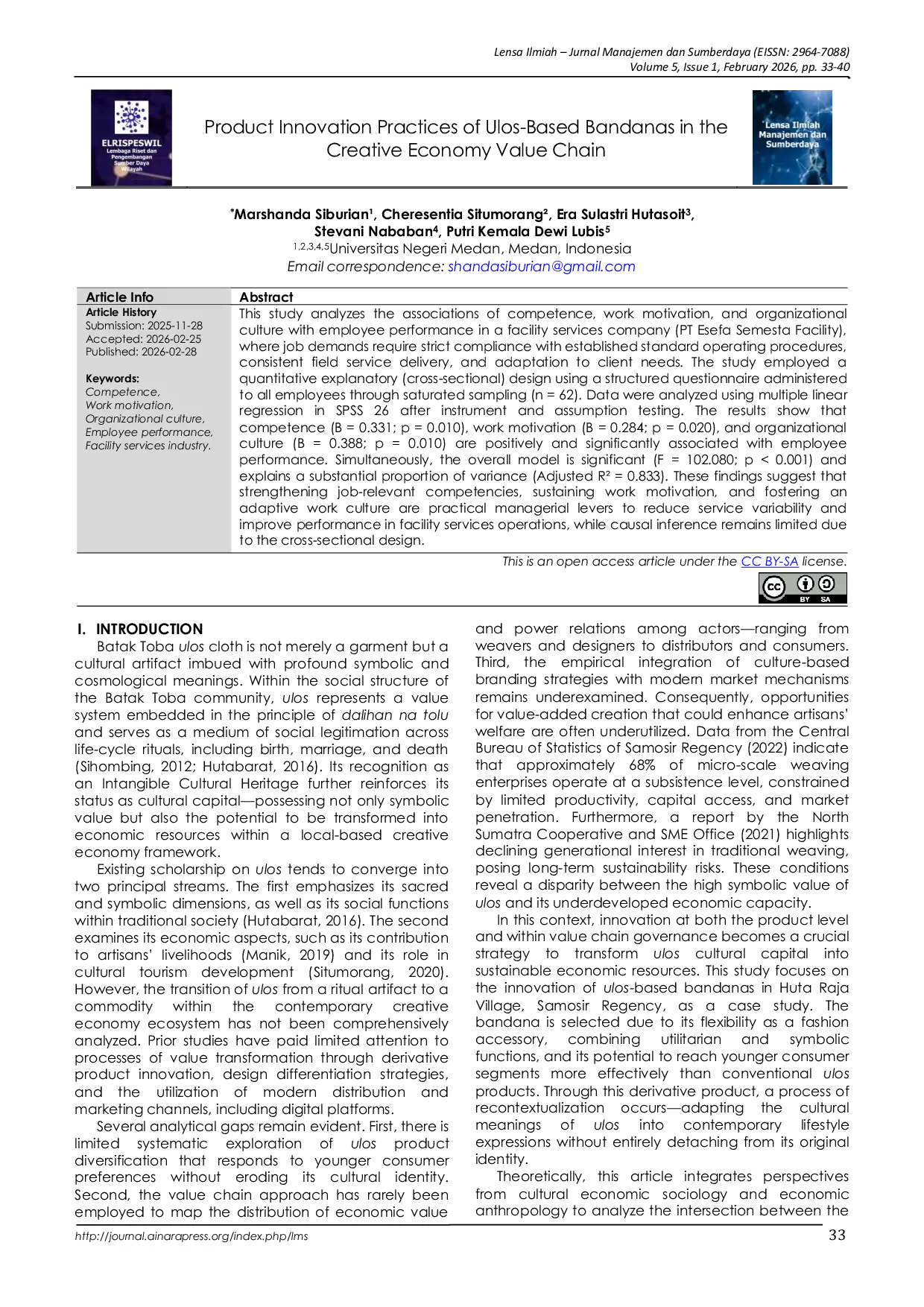 JURIS Product Innovation Practices of Ulos Based Bandanas in the Creative Economy Value Chain