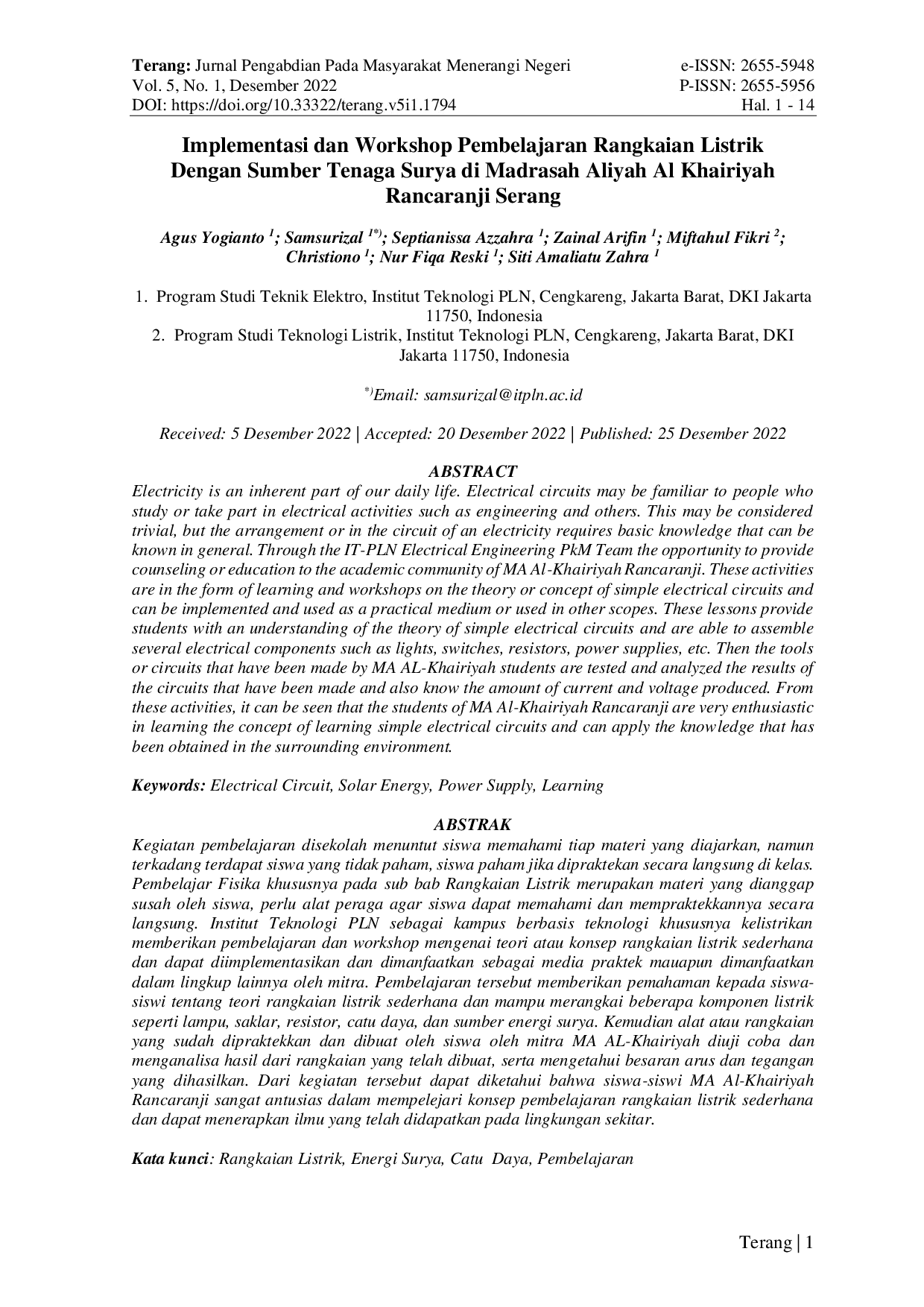 JURIS Implementasi dan Workshop Pembelajaran Rangkaian Listrik dengan Sumber Tenaga Surya di Madrasah Aliyah Al Khairiyah Rancaranji Serang