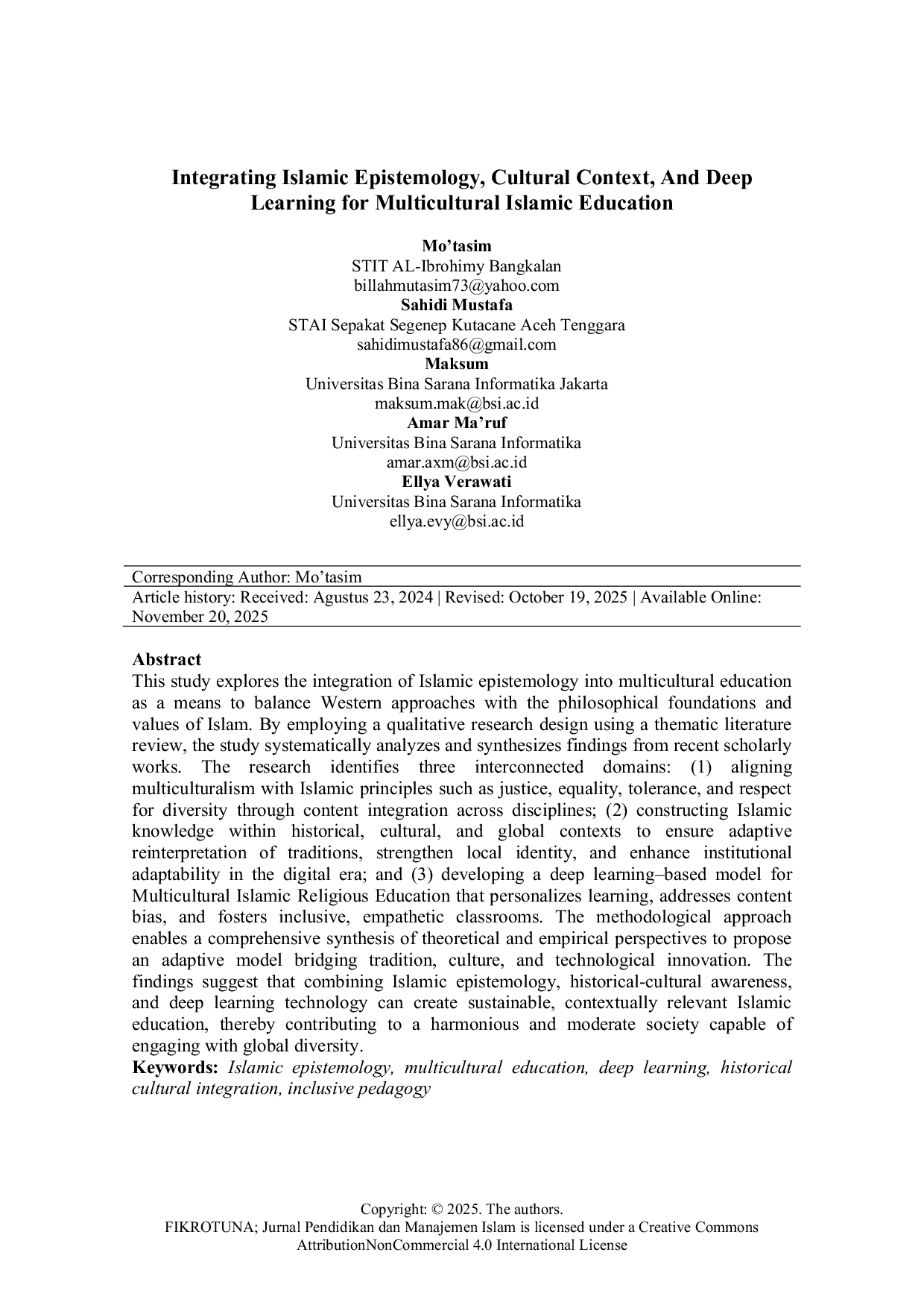 JURIS Integrating Islamic Epistemology Cultural Context and Deep Learning for Multicultural Islamic Education a Thematic Literature Review