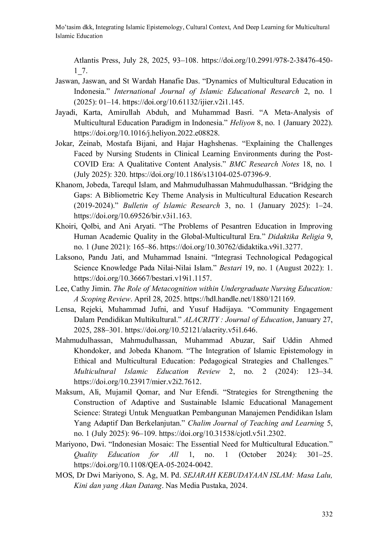 JURIS Integrating Islamic Epistemology Cultural Context and Deep Learning for Multicultural Islamic Education a Thematic Literature Review