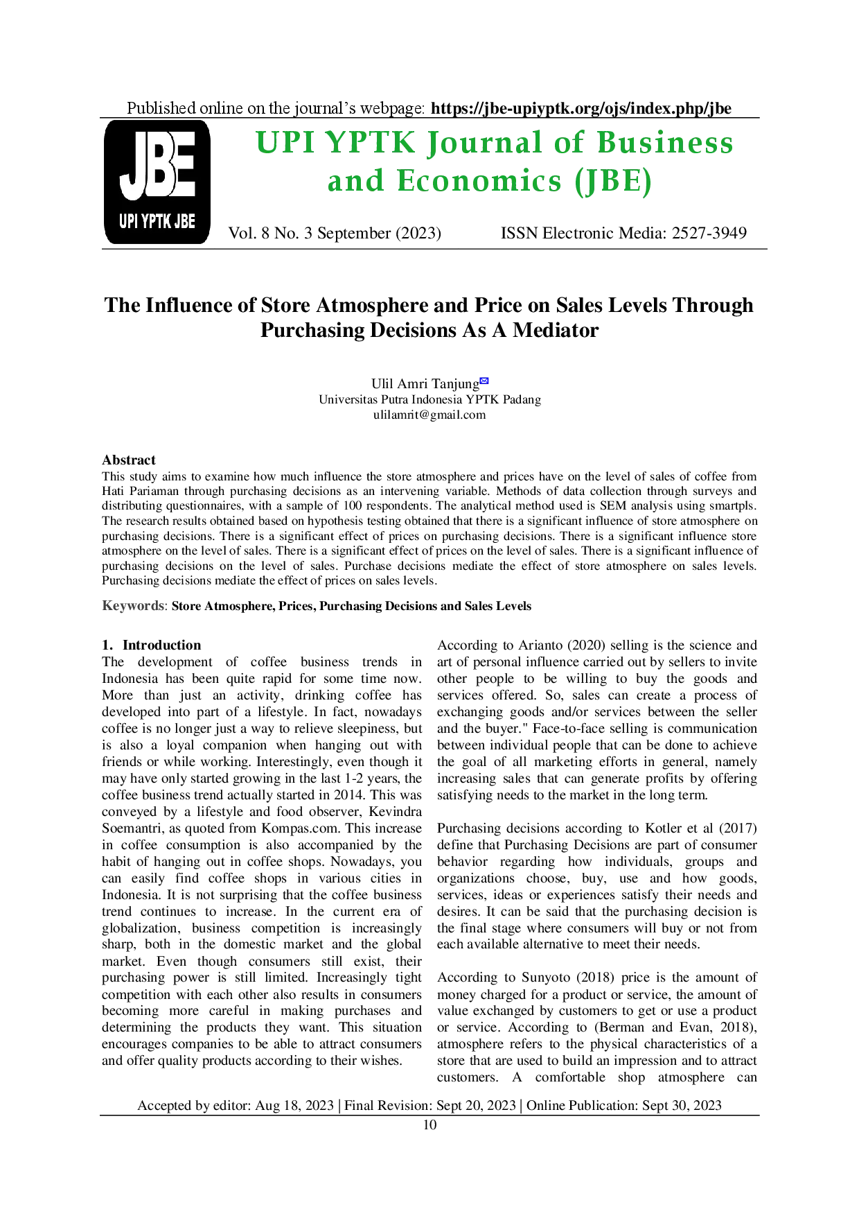 juris The Influence of Store Atmosphere and Price on Sales Levels Through Purchasing Decisions As A Mediator