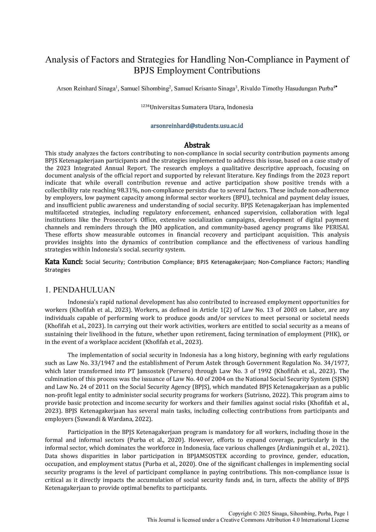JURIS Analysis of Factors and Strategies for Handling Non Compliance in Payment of BPJS Employment Contributions