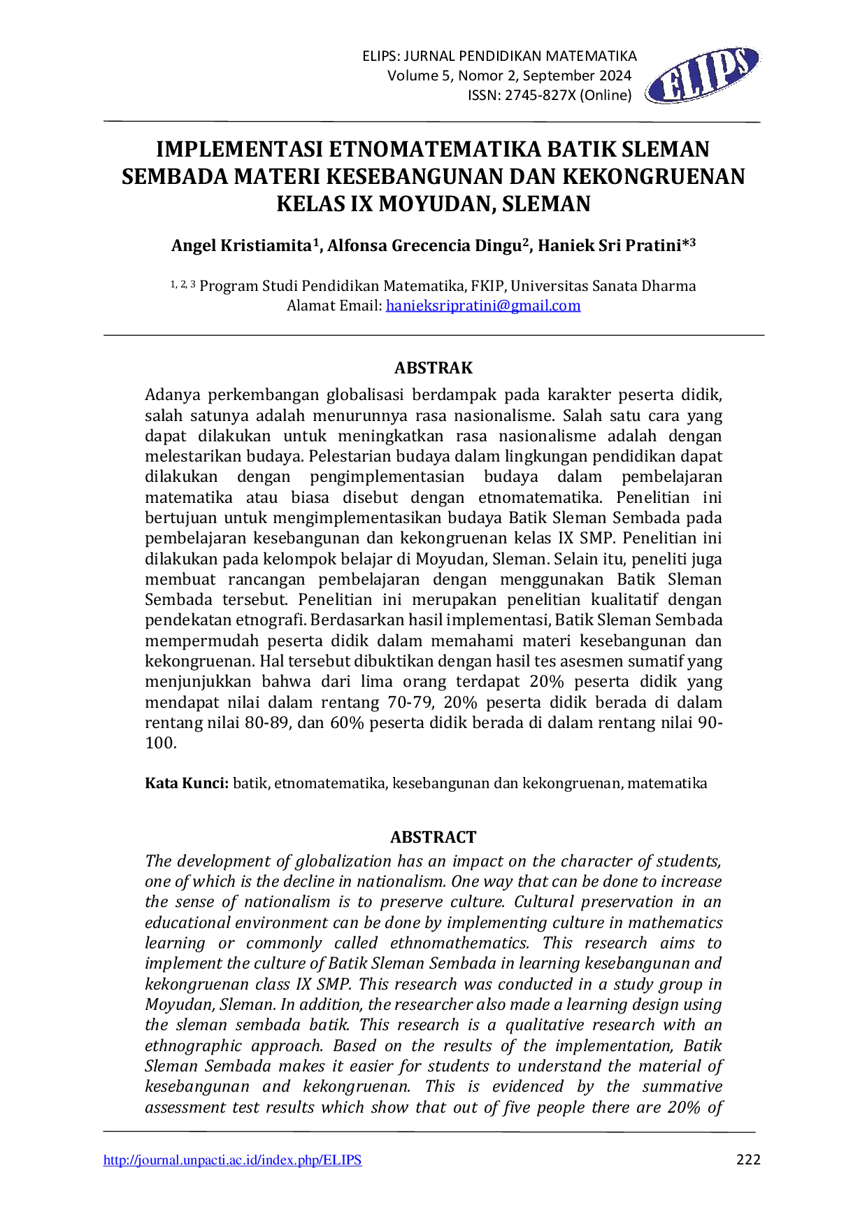 JURIS Implementasi Etnomatematika Batik Sleman Sembada Materi Kesebangunan dan Kekongruenan Kelas IX Moyudan Sleman