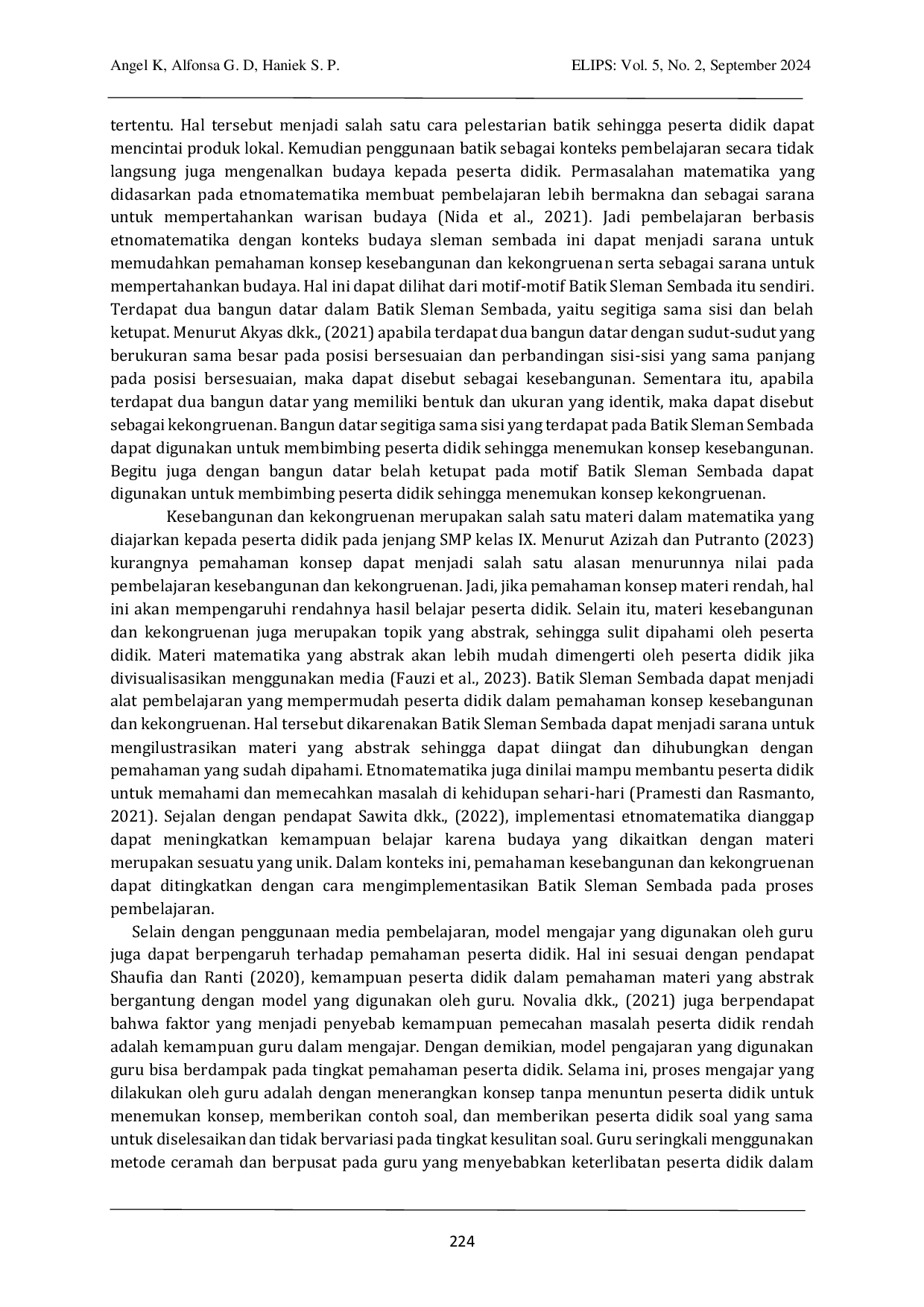 JURIS Implementasi Etnomatematika Batik Sleman Sembada Materi Kesebangunan dan Kekongruenan Kelas IX Moyudan Sleman