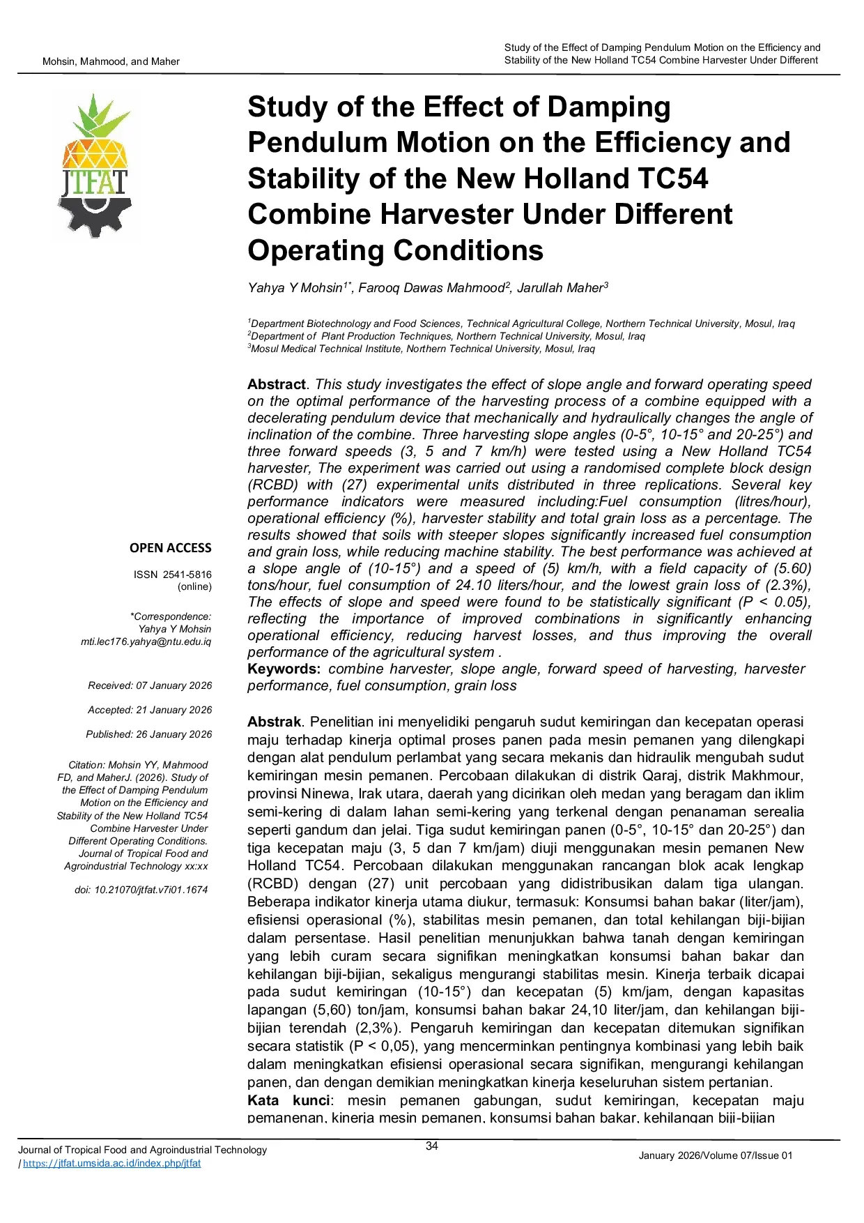 JURIS Study of the Effect of Damping Pendulum Motion on the Efficiency and Stability of the New Holland TC54 Combine Harvester Under Different Operating Conditions