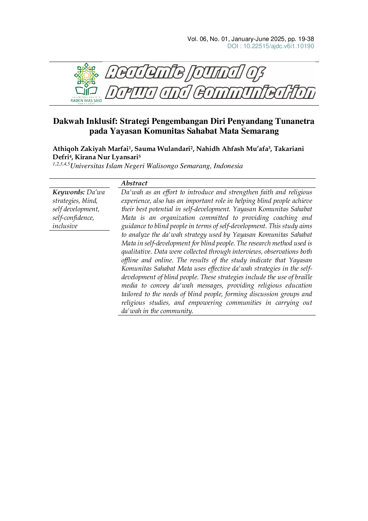 JURIS Dakwah Inklusif Strategi Pengembangan Diri Penyandang Tunanetra pada Yayasan Komunitas Sahabat Mata Semarang