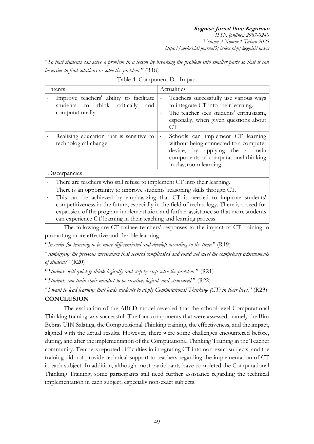 JURIS Evaluation of the Effectiveness of Unplugged Computational Thinking Training Program for Teachers using ABCD Discrepancy Model