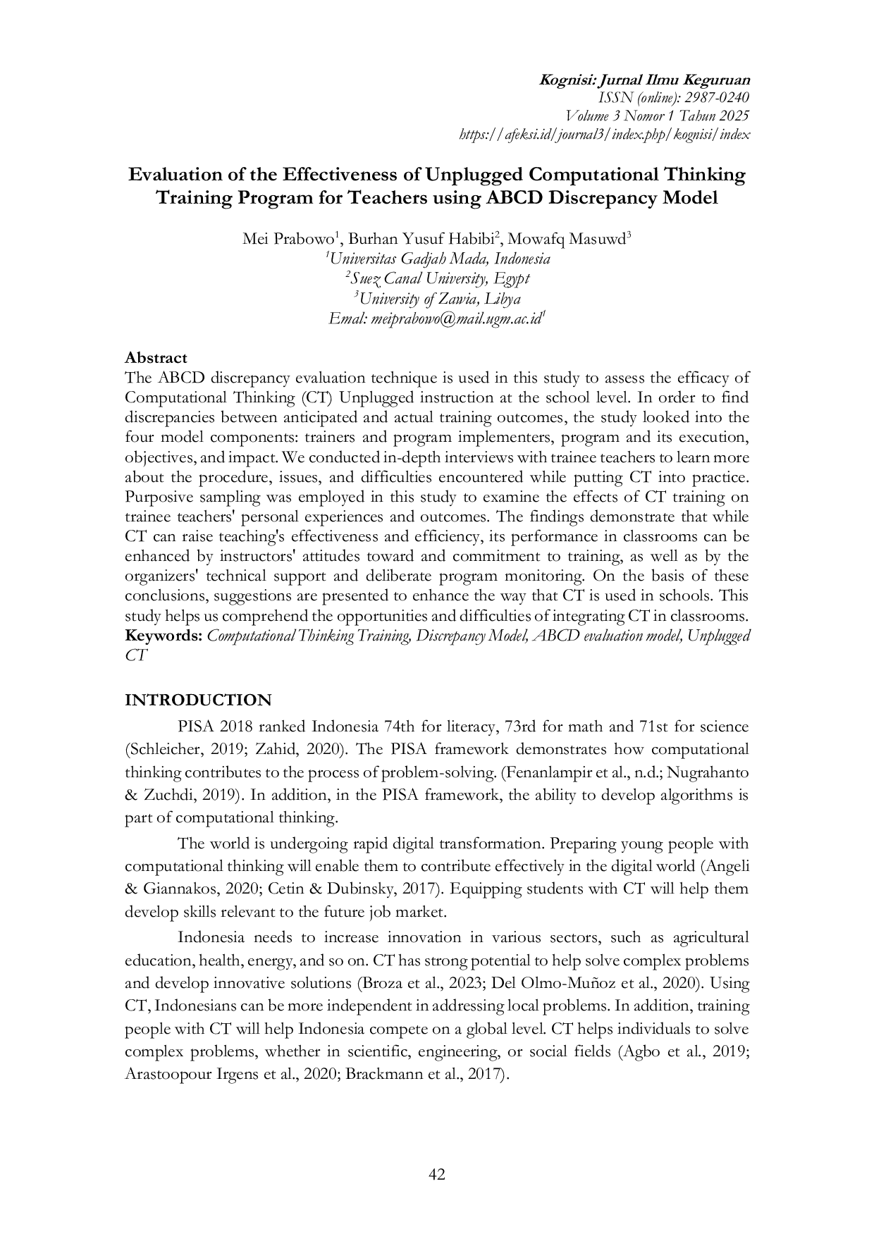 JURIS Evaluation of the Effectiveness of Unplugged Computational Thinking Training Program for Teachers using ABCD Discrepancy Model
