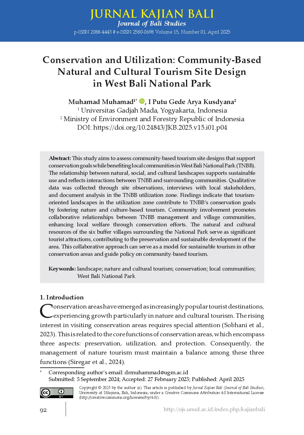 juris Conservation and Utilization Community Based Natural and Cultural Tourism Site Design in West Bali National Park