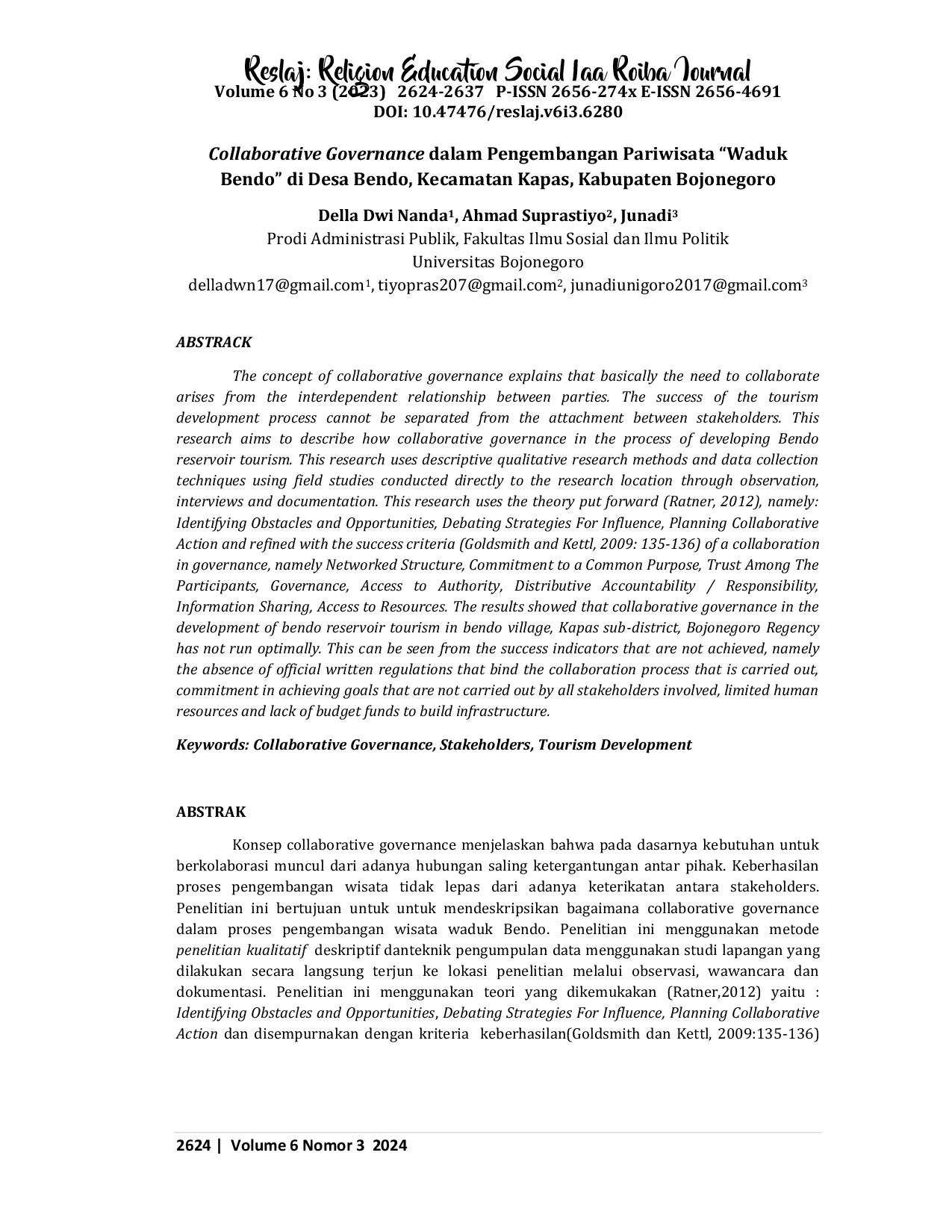 JURIS Collaborative Governance Dalam Pengembangan Pariwisata Waduk Bendo di Desa Bendo Kecamatan Kapas Kabupaten Bojonegoro