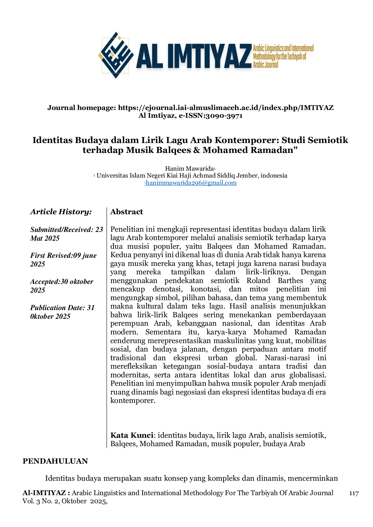 JURIS Identitas Budaya dalam Lirik Lagu Arab Kontemporer Studi Semiotik terhadap Musik Balqees Mohamed Ramadan