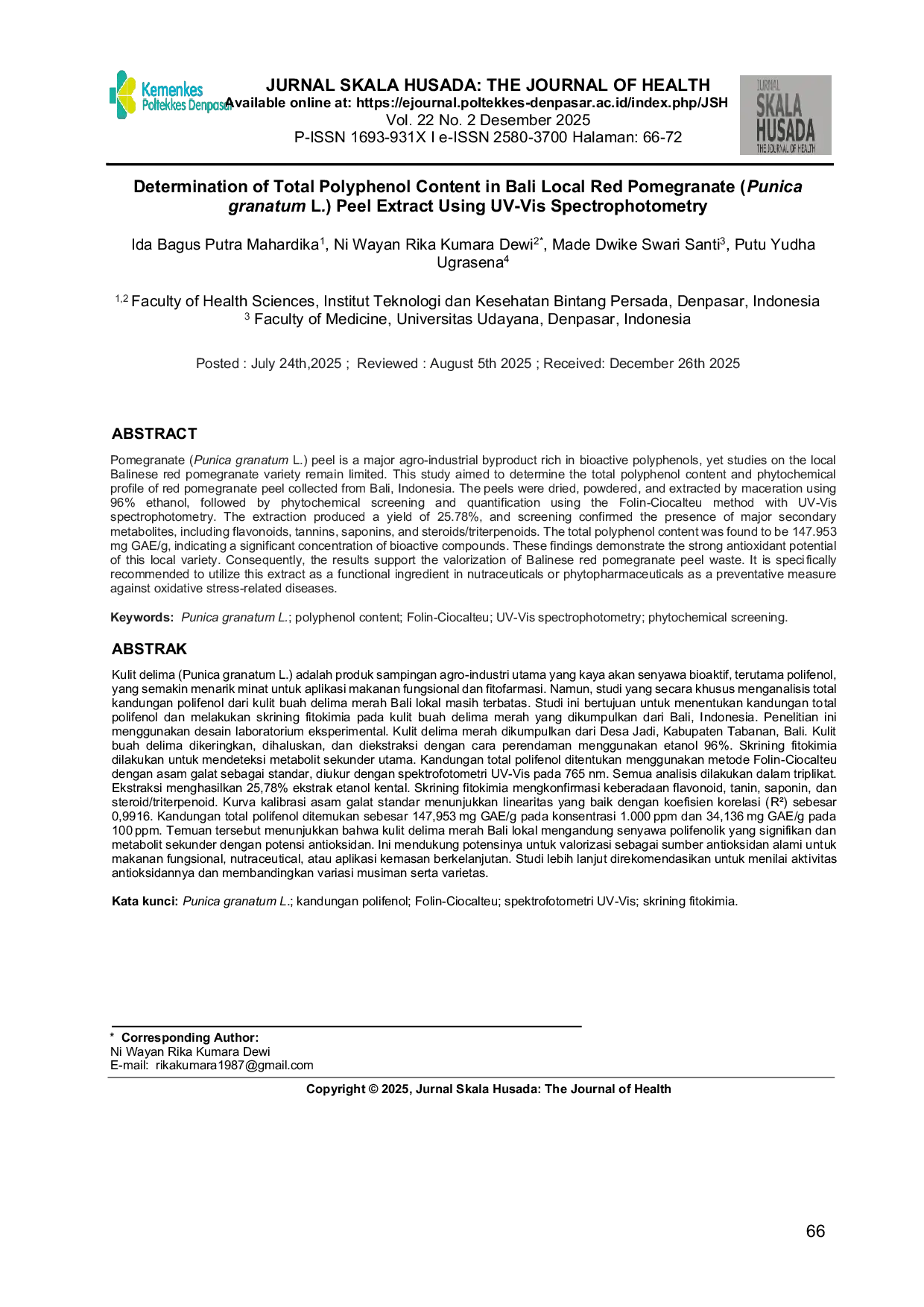 JURIS Determination of Total Polyphenol Content in Bali Local Red Pomegranate Punica granatum L Peel Extract Using UV Vis Spectrophotometry