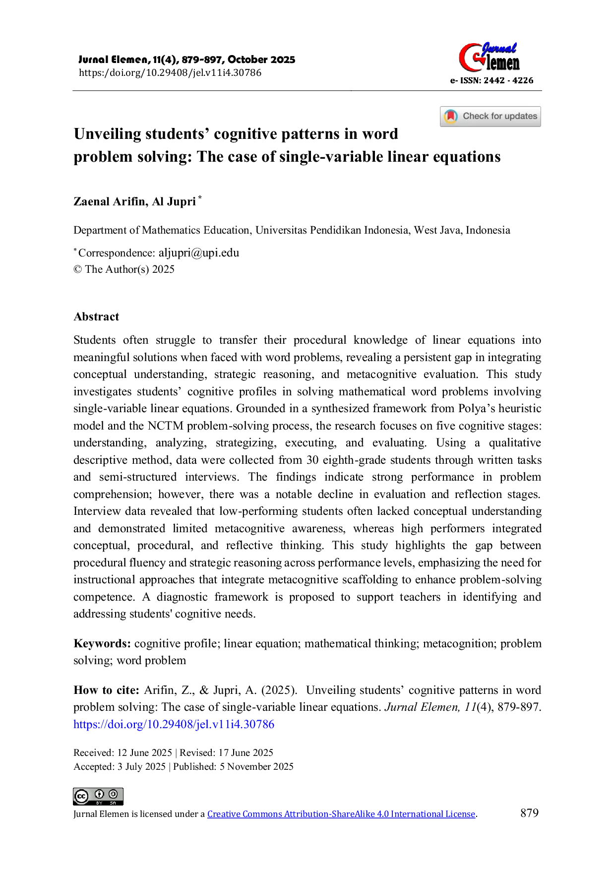 JURIS Unveiling students cognitive patterns in word problem solving The case of single variable linear equations
