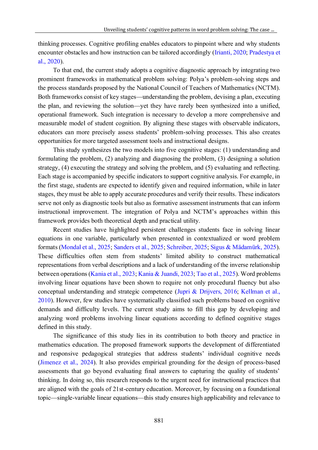 JURIS Unveiling students cognitive patterns in word problem solving The case of single variable linear equations