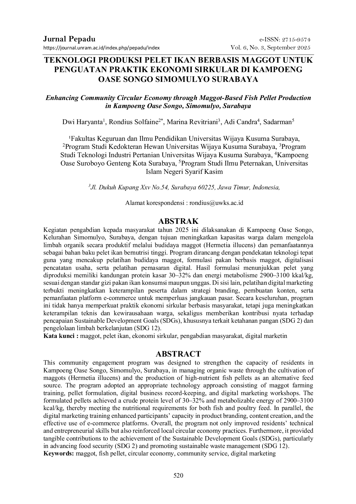 JURIS Teknologi Produksi Pelet Ikan Berbasis Maggot untuk Penguatan Praktik Ekonomi Sirkular di Kampoeng Oase Songo Simomulyo Surabaya