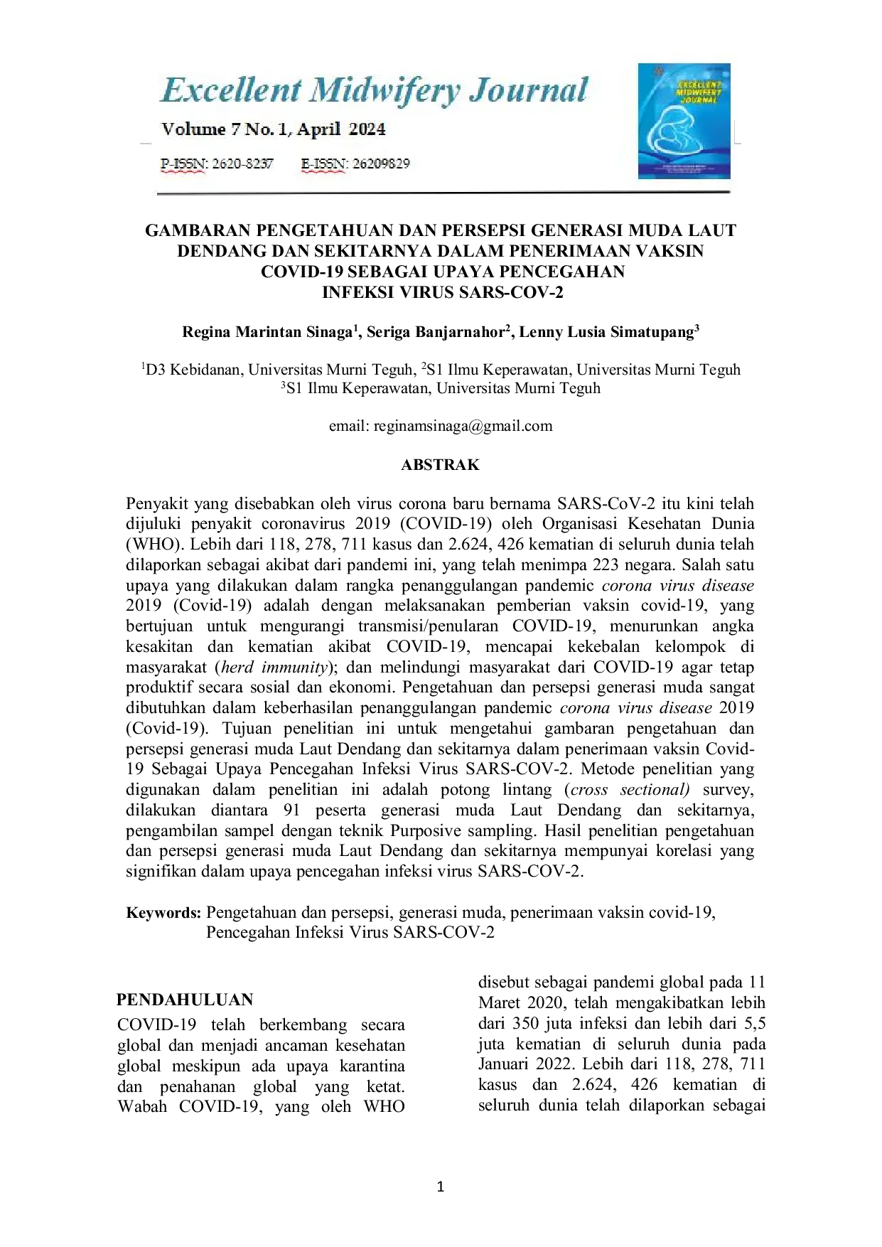 JURIS Gambaran Pengetahuan dan Persepsi Generasi Muda Laut Dendang dan Sekitarnya dalam Penerimaan Vaksin COVID 19 Sebagai Upaya Pencegahan