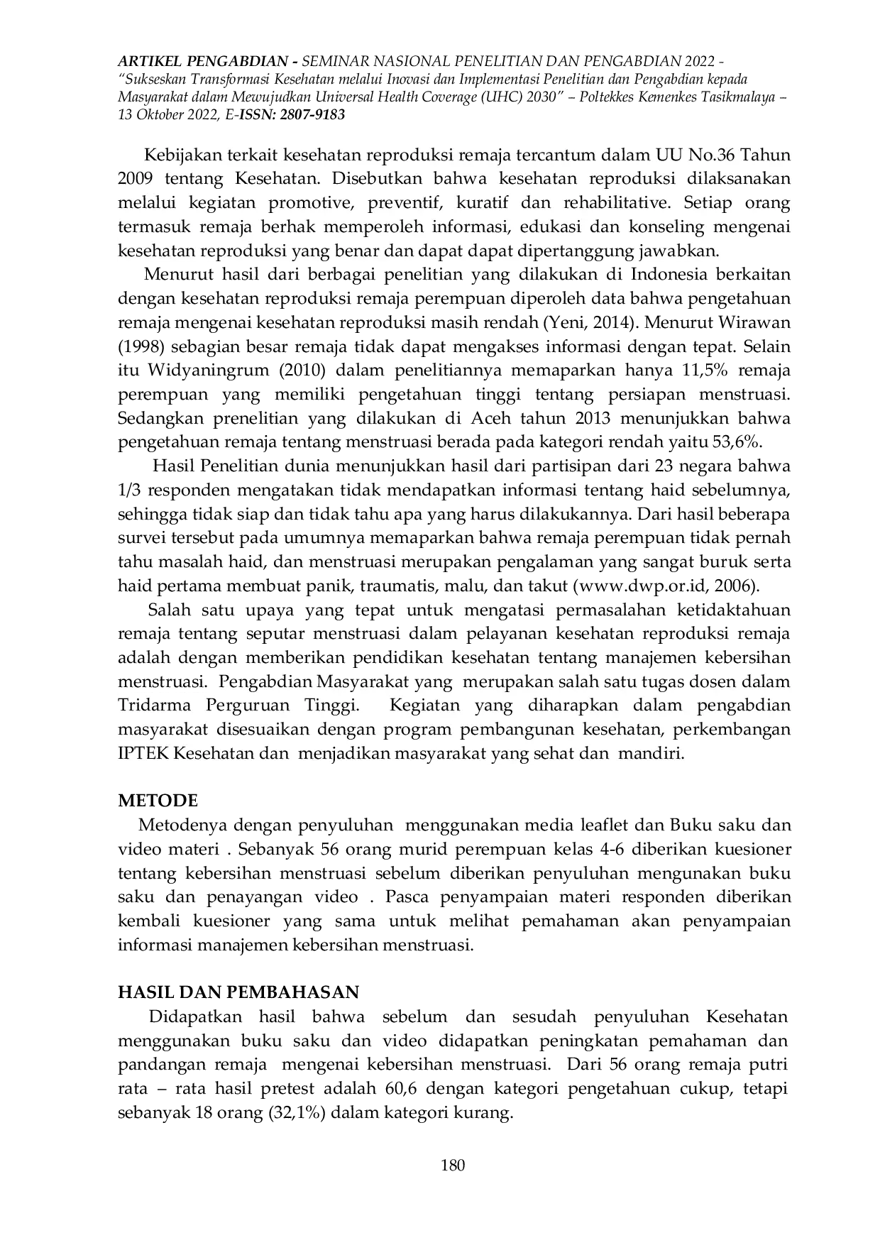 JURIS Upaya Peningkatan Pengetahuan Remaja Tentang Manajemen Kebersihan Menstruasi Sebagai Implementasi Program Kesehatan Reproduksi Remaja