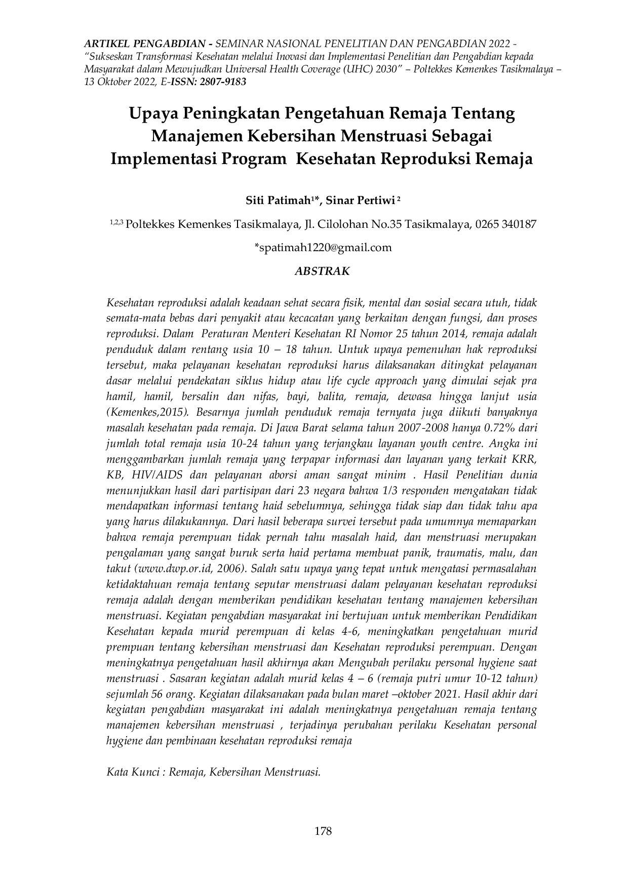 JURIS Upaya Peningkatan Pengetahuan Remaja Tentang Manajemen Kebersihan Menstruasi Sebagai Implementasi Program Kesehatan Reproduksi Remaja