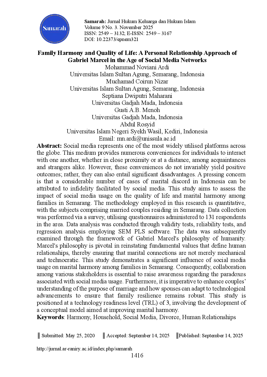 juris Family Harmony and Quality of Life A Personal Relationship Approach of Gabriel Marcel in the Age of Social Media Networks