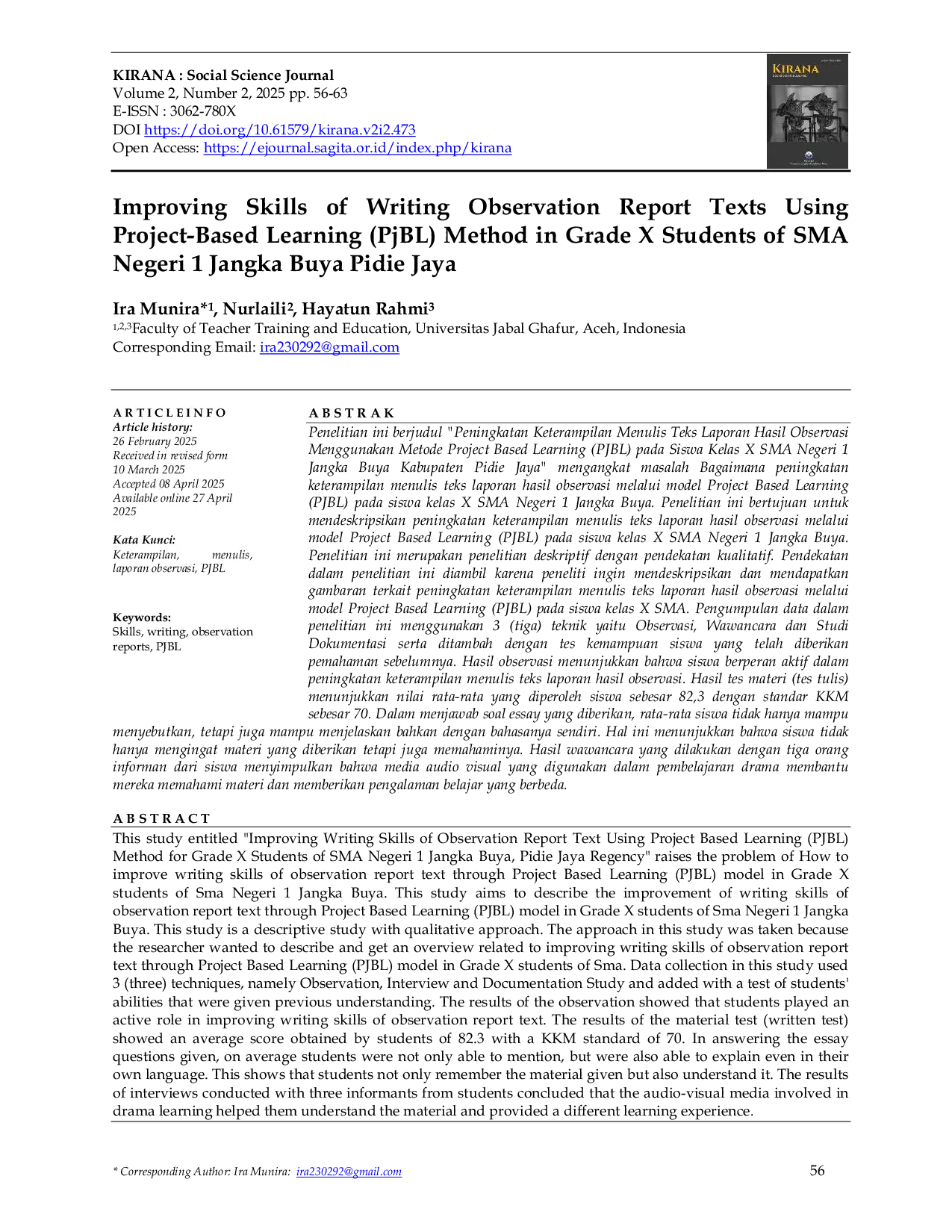 JURIS Improving Skills of Writing Observation Report Texts Using Project Based Learning PjBL Method in Grade X Students of SMA Negeri 1 Jangka Buya Pidie Jaya