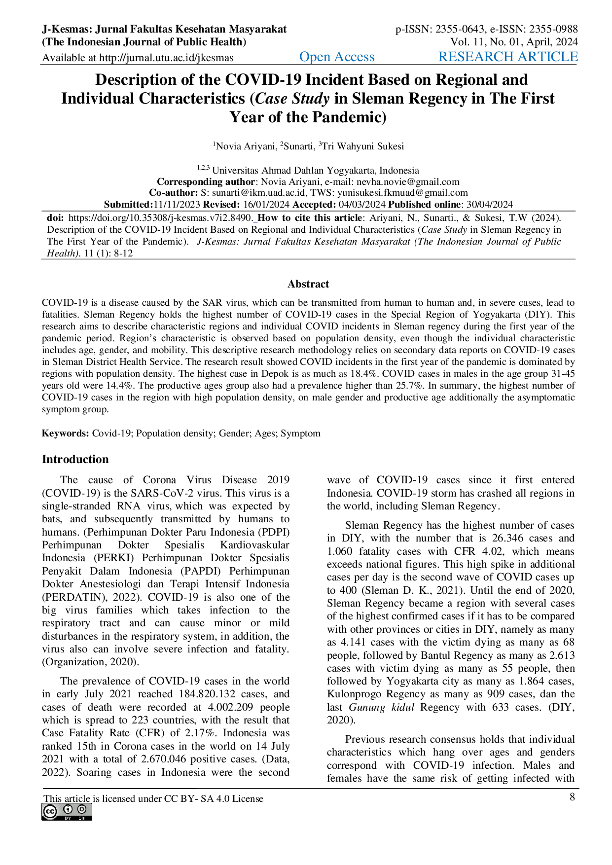 JURIS Description of the COVID 19 Incident Based on Regional and Individual Characteristics Case Study in Sleman Regency in The First Year of the Pandemic