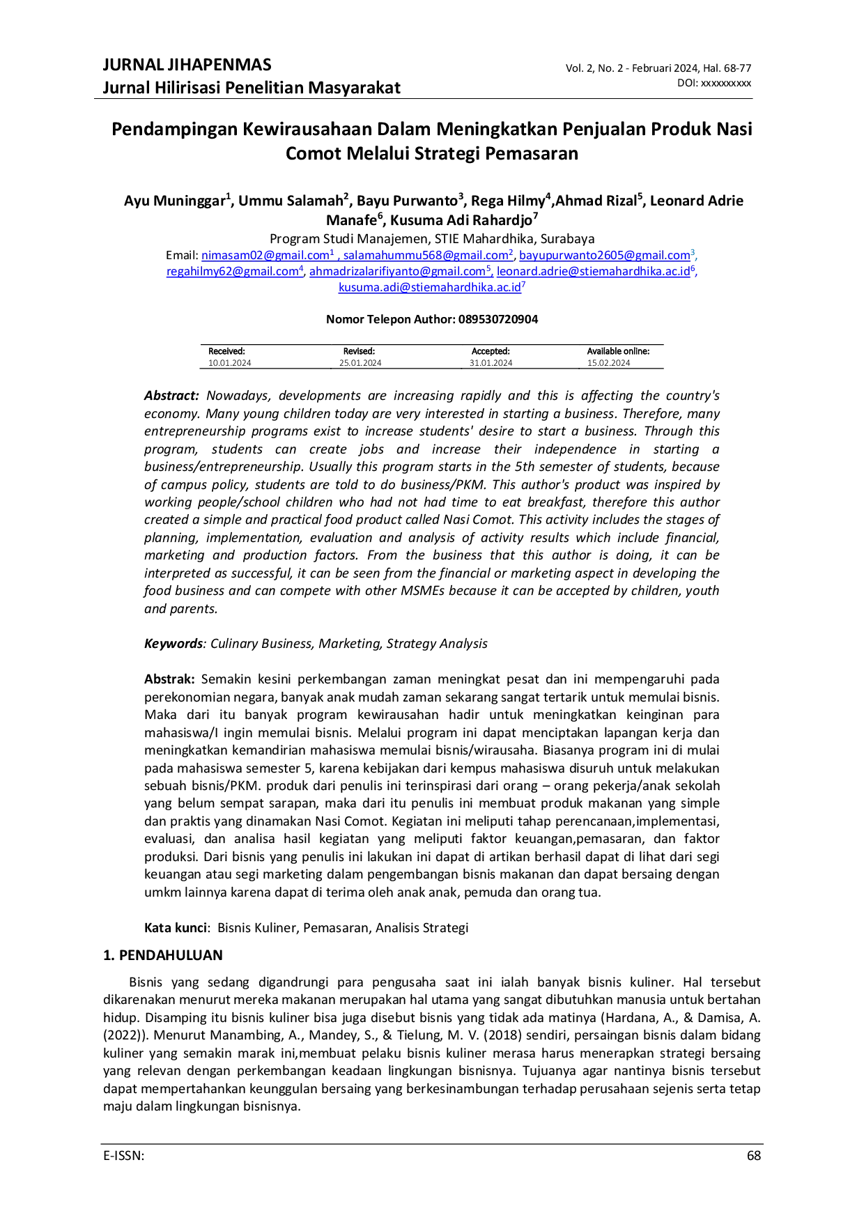 JURIS Pendampingan Kewirausahaan Dalam Meningkatkan Penjualan Produk Nasi Comot Melalui Strategi Pemasaran