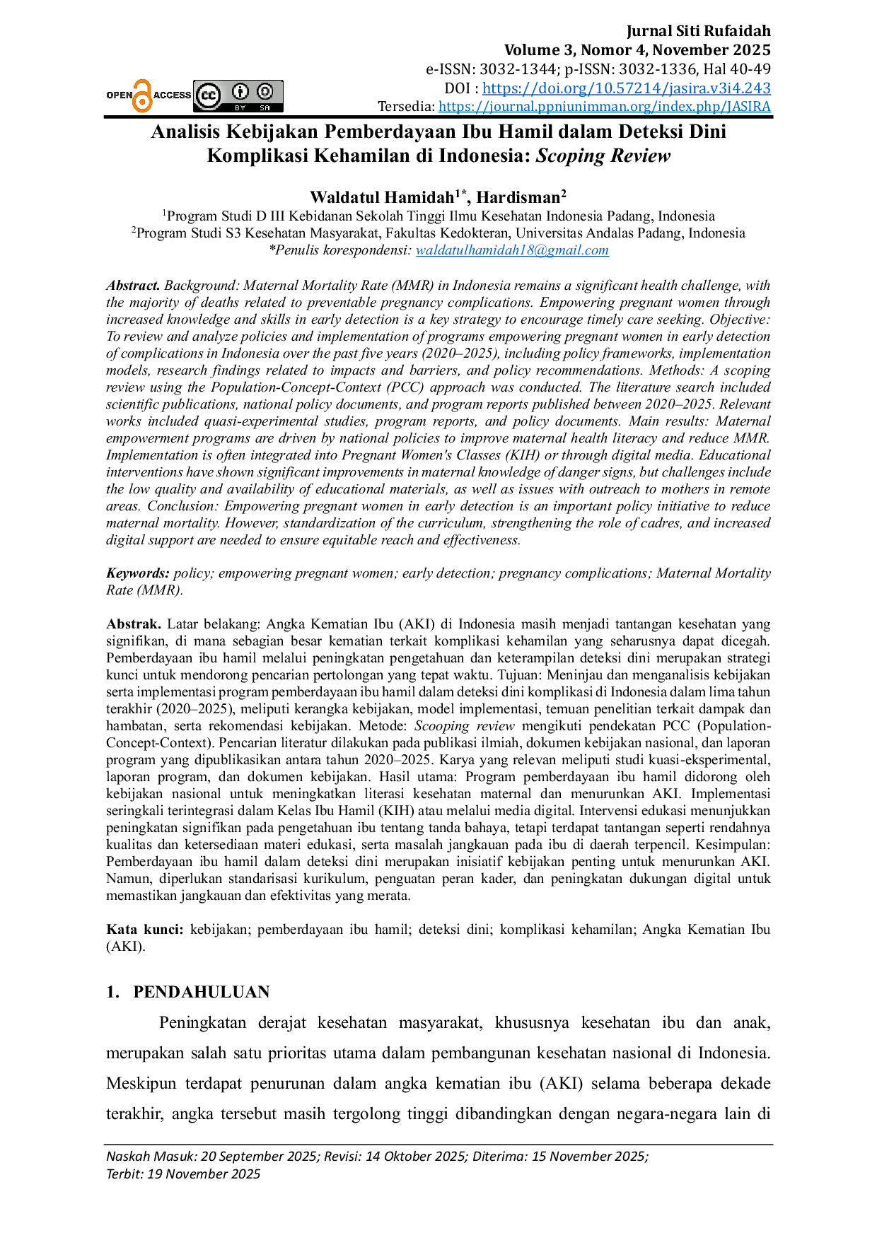 JURIS Analisis Kebijakan Pemberdayaan Ibu Hamil dalam Deteksi Dini Komplikasi Kehamilan di Indonesia Scoping Review