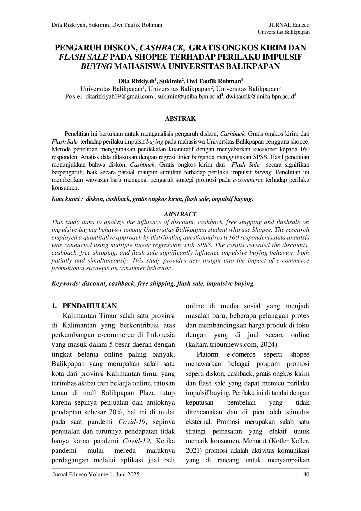 JURIS PENGARUH DISKON CASHBACK GRATIS ONGKOS KIRIM DAN FLASH SALE PADA SHOPEE TERHADAP PERILAKU IMPULSIF BUYING MAHASISWA UNIVERSITAS BALIKPAPAN