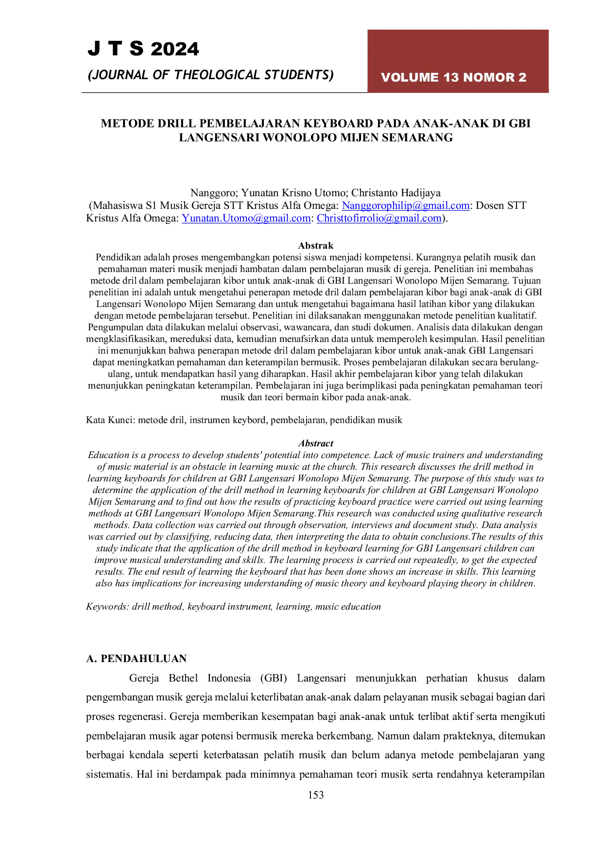 JURIS Metode Drill Pembelajaran Keyboard pada Anak Anak di GBI Langensari Wonolopo Mijen Semarang