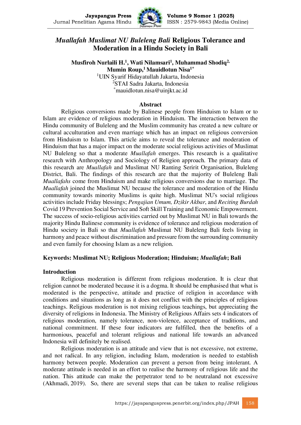 JURIS Muallafah Muslimat NU Buleleng Bali Religious Tolerance and Moderation in a Hindu Society in Bali