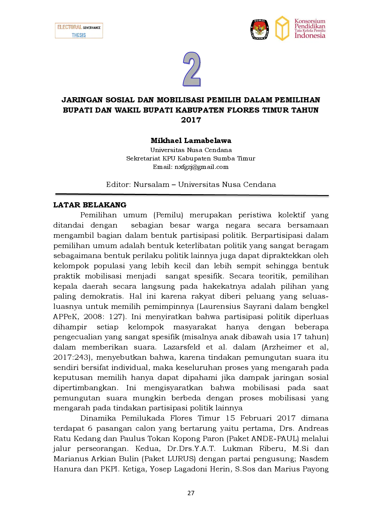 juris Jaringan Sosial dan Mobilsasi Pemilih dalam Pemilihan Bupati dan Wakil Bupati Kabupaten Flores Timur Tahun 2017