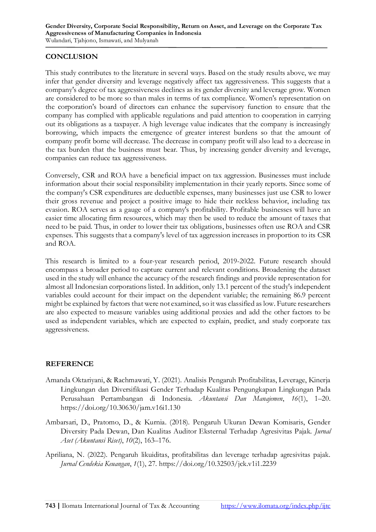 JURIS Gender Diversity Corporate Social Responsibility Return on Asset and Leverage on the Corporate Tax Aggressiveness of Manufacturing Companies in Indonesia