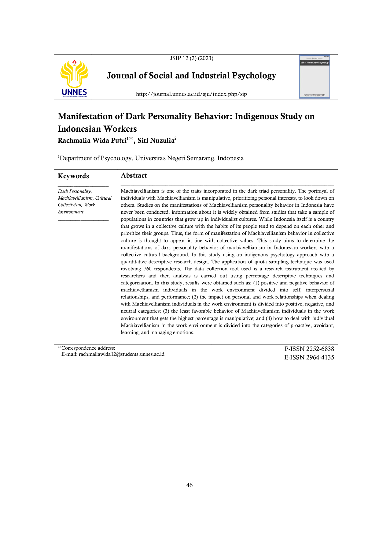 JURIS Manifestation of Dark Personality Behavior Indigenous Study on Indonesian Workers