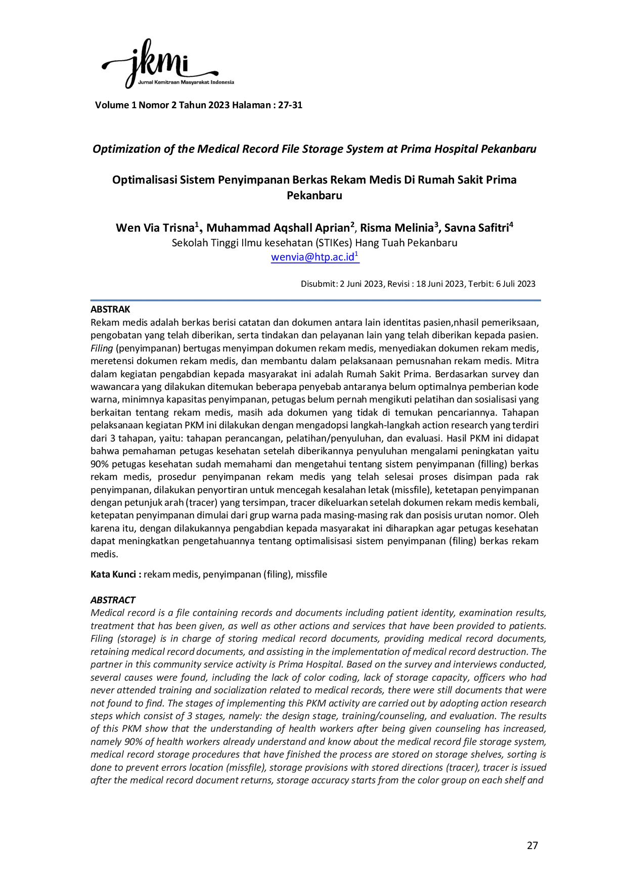 JURIS Optimalisasi Sistem Penyimpanan Berkas Rekam Medis Di Rumah Sakit Prima Pekanbaru