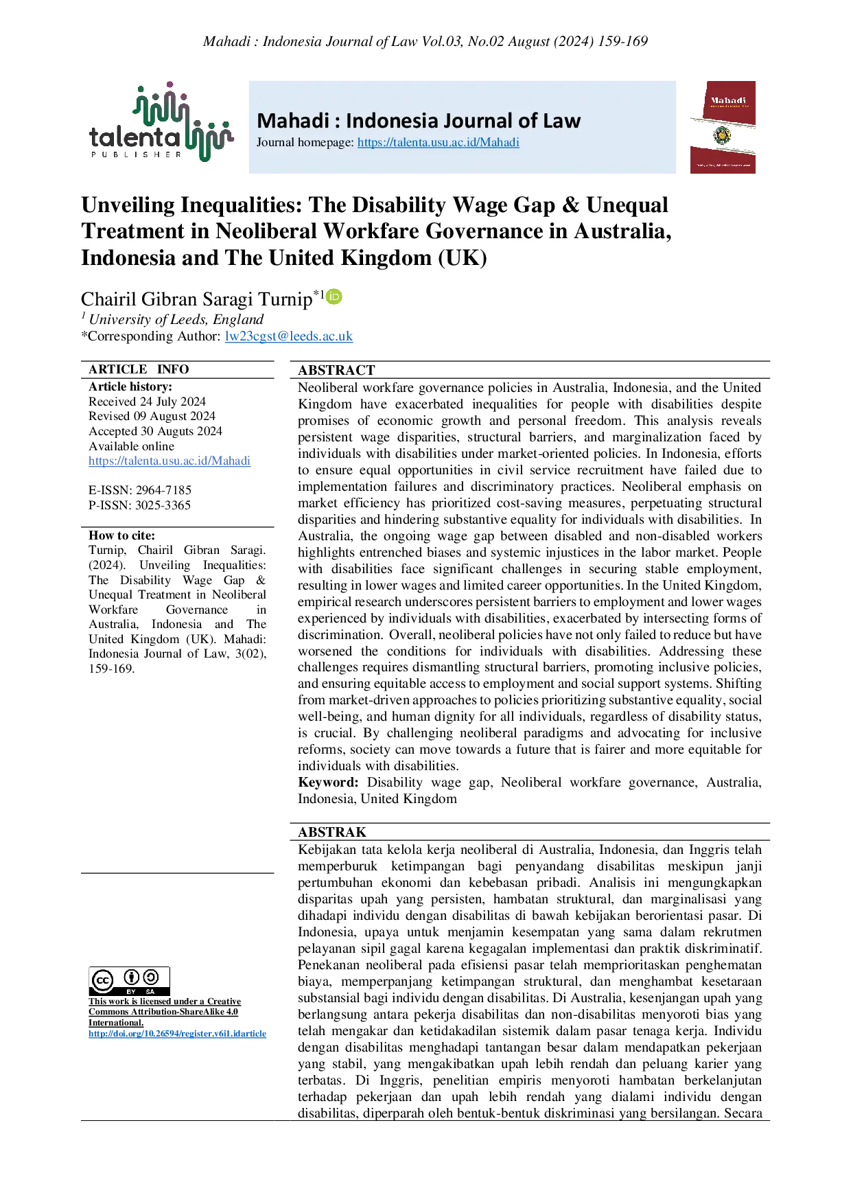 JURIS Unveiling Inequalities The Disability Wage Gap Unequal Treatment in Neoliberal Workfare Governance in Australia Indonesia and The United Kingdom UK