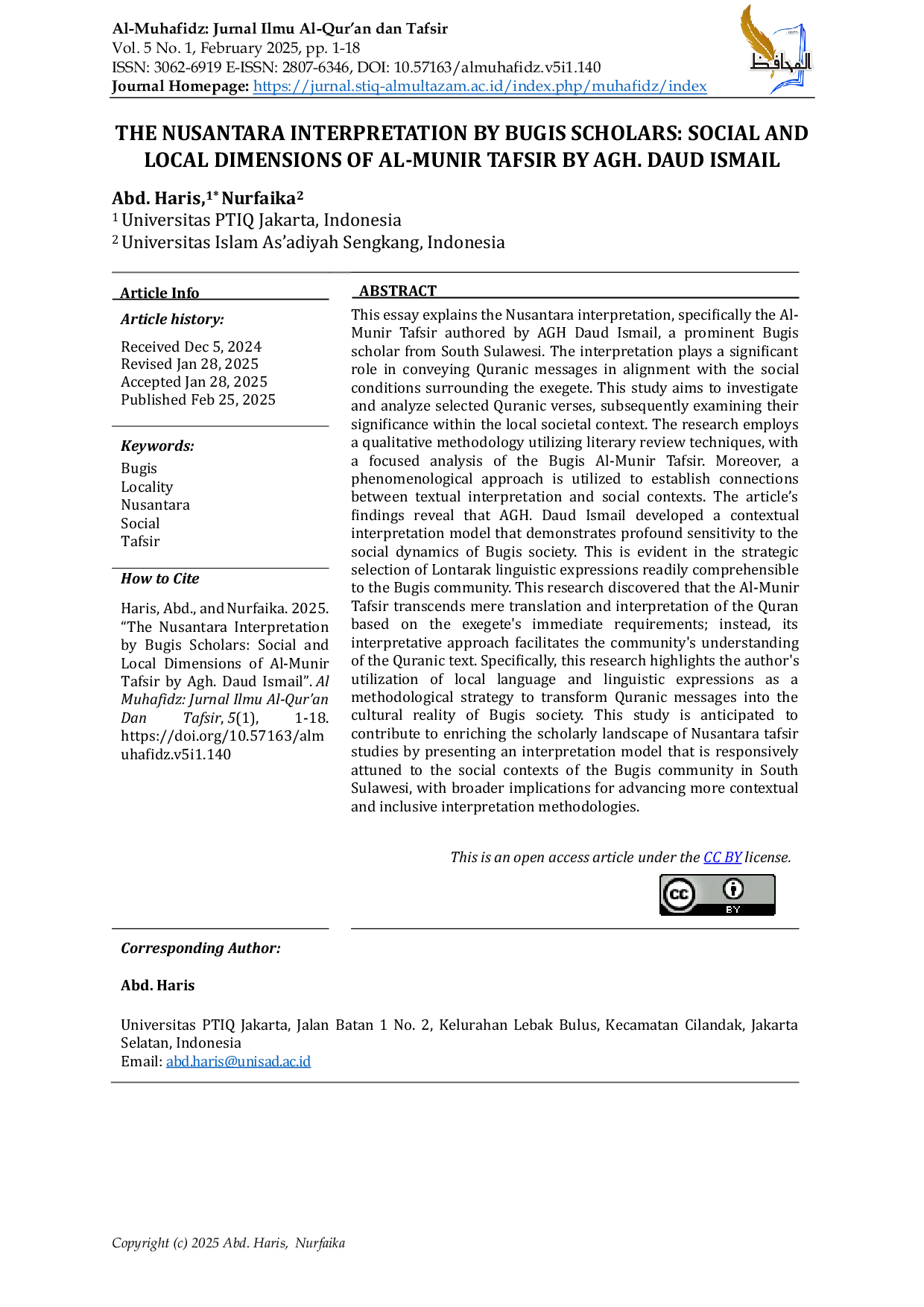 JURIS The Nusantara Interpretation By Bugis Scholars Social And Local Dimensions Of Al Munir Tafsir By Agh Daud Ismail