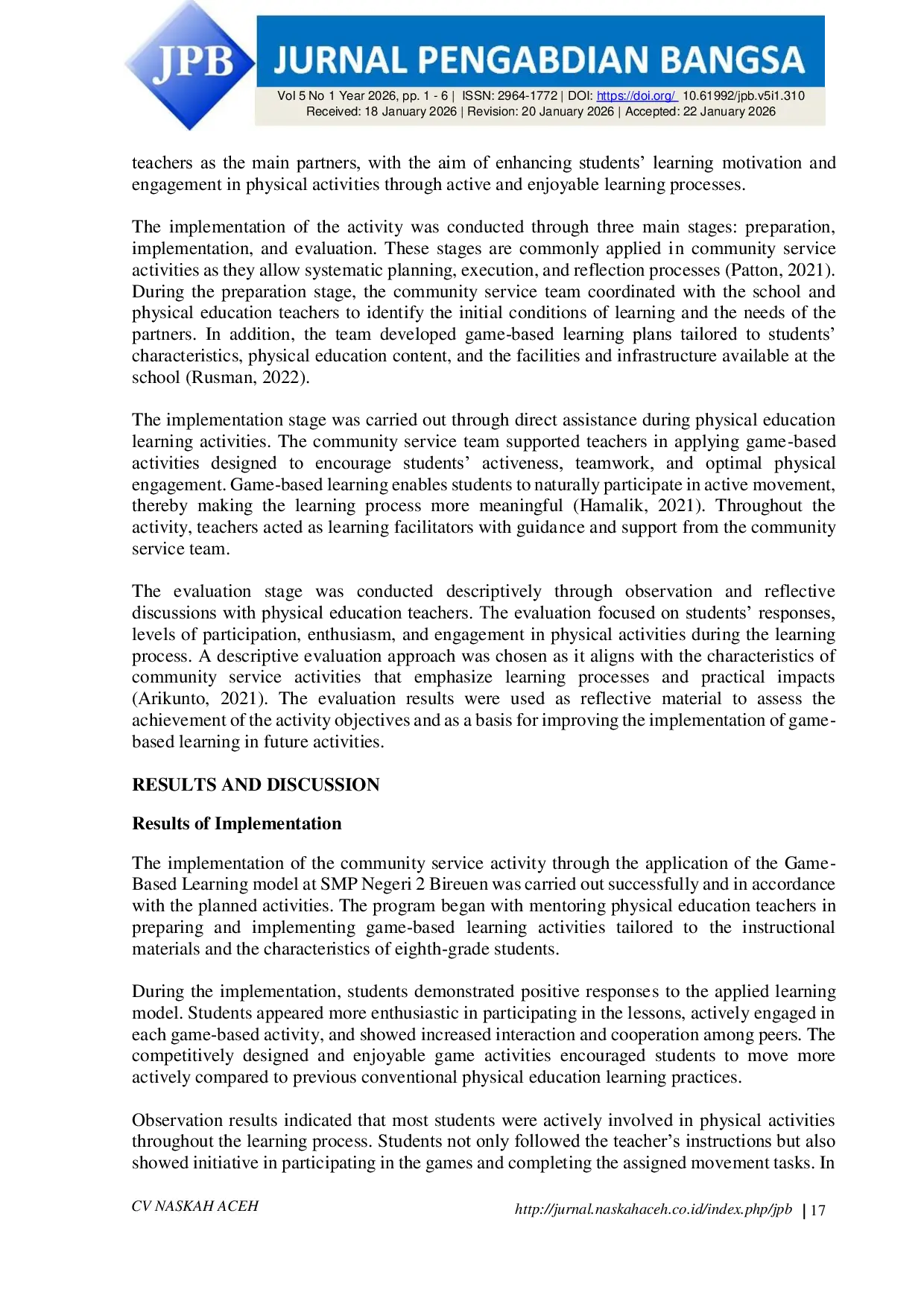 JURIS Assisting Game Based Learning to Enhance Students Motivation and Physical Activity in Physical Education