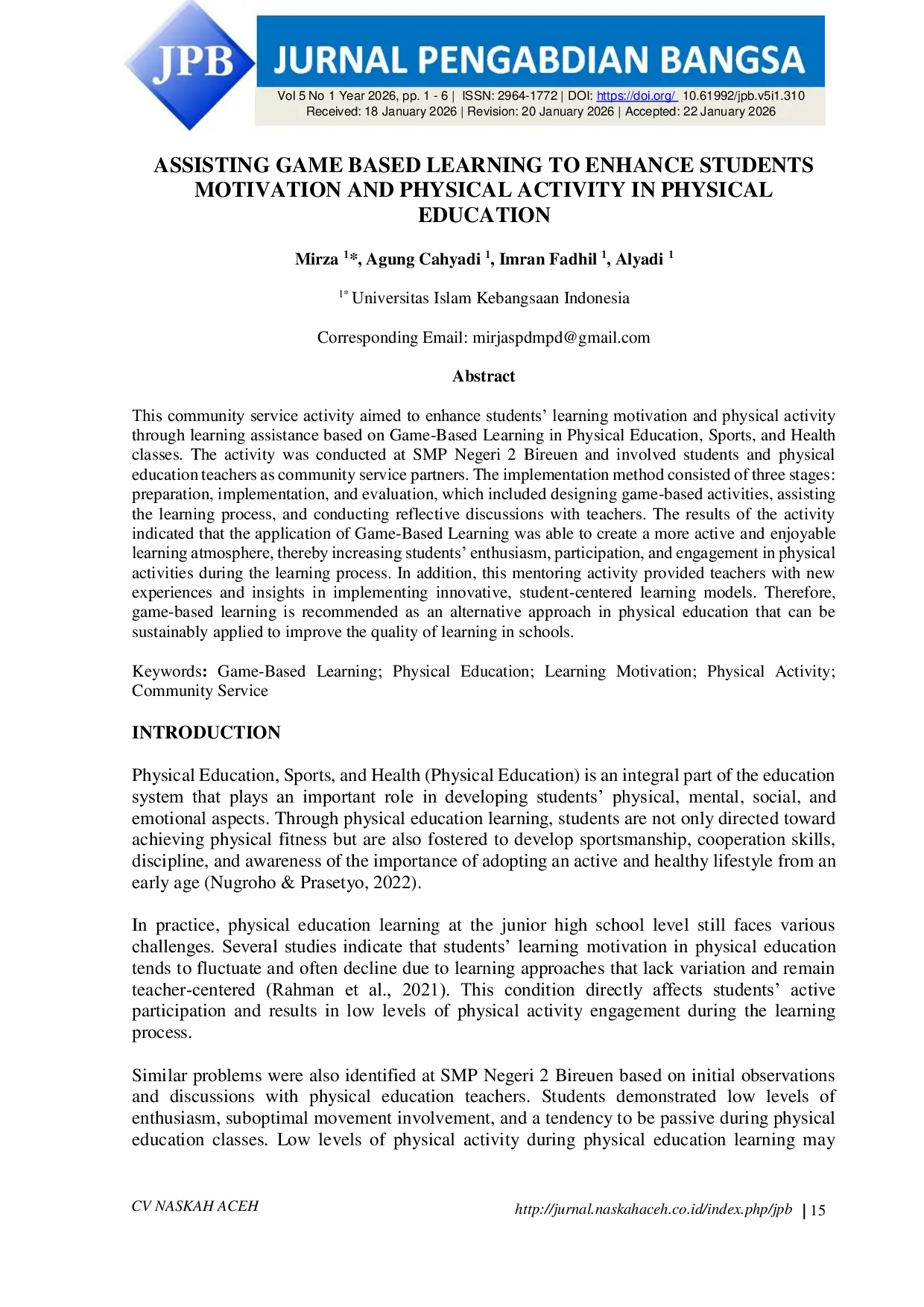 JURIS Assisting Game Based Learning to Enhance Students Motivation and Physical Activity in Physical Education