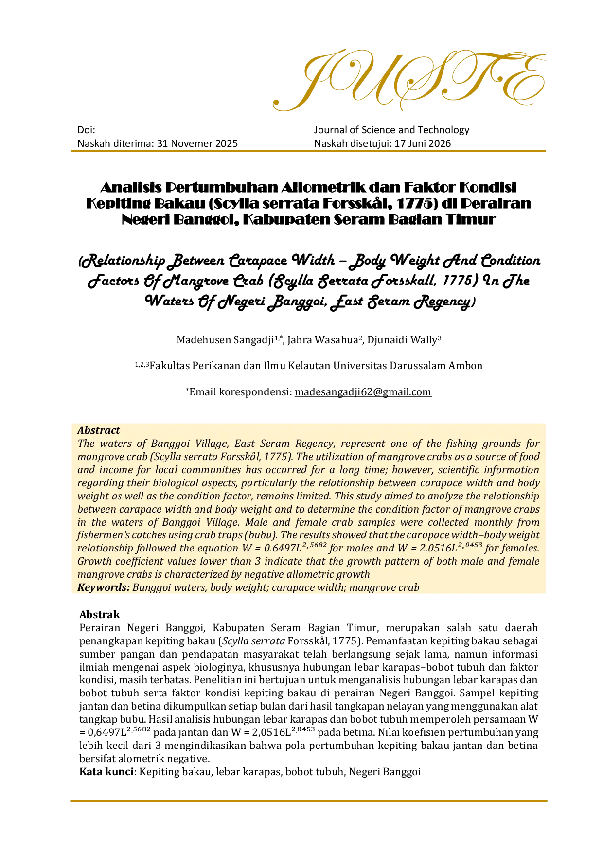 JURIS Analisis Pertumbuhan Allometrik dan Faktor Kondisi Kepiting Bakau Scylla serrata Forssk l 1775 di Perairan Negeri Banggoi