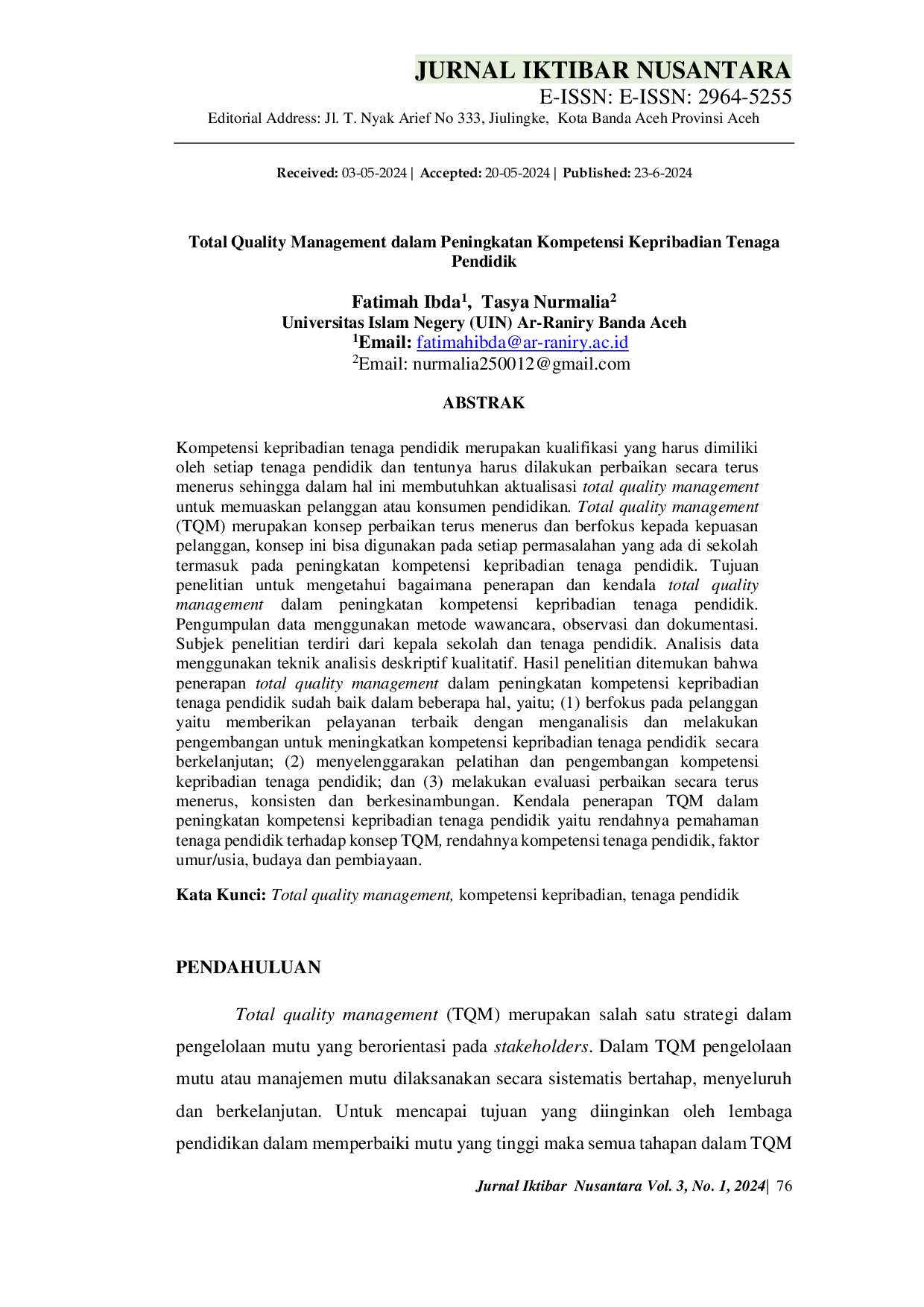 JURIS Total Quality Management Dalam Peningkatan Kompetensi Kepribadian Tenaga Pendidik