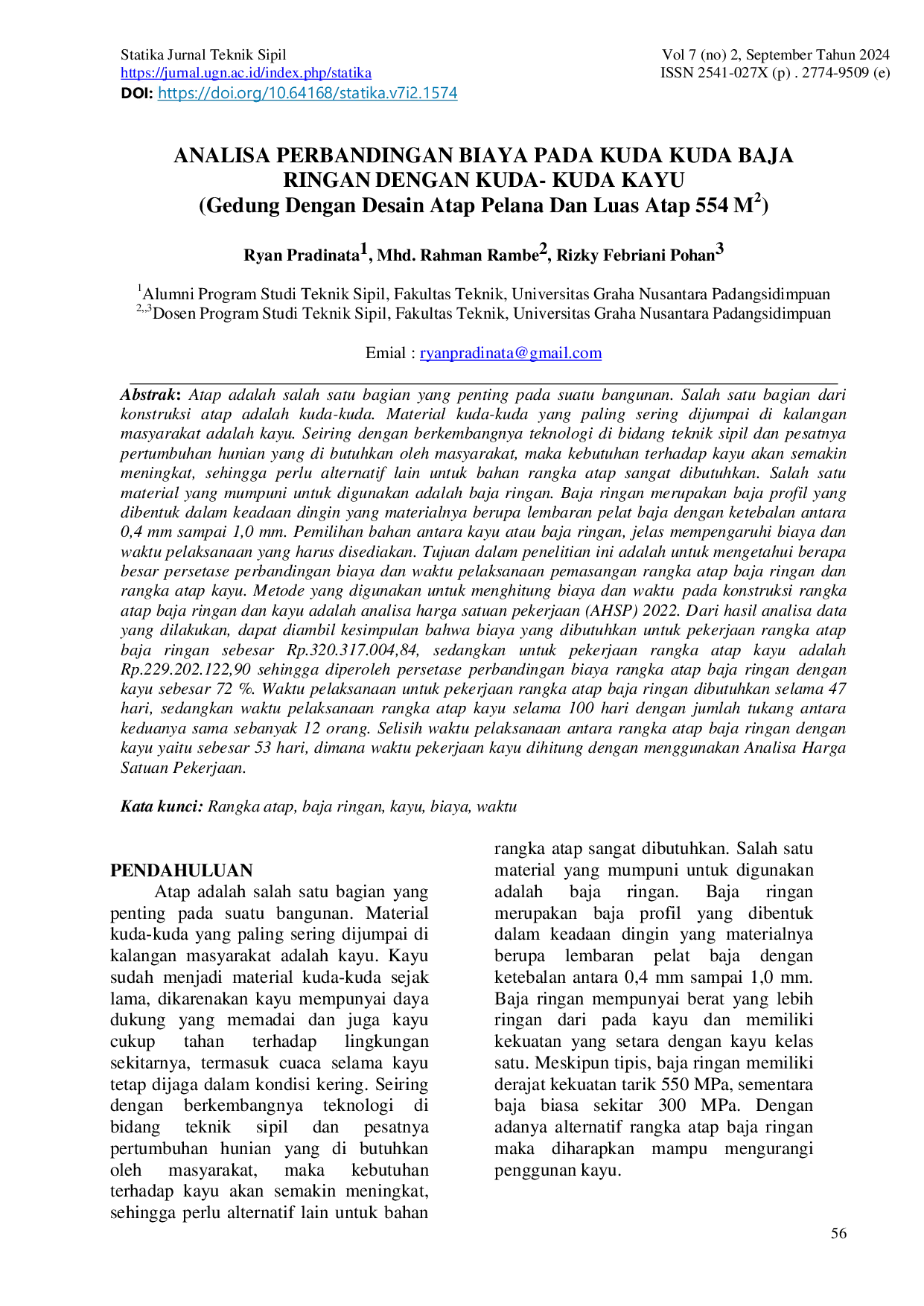 JURIS Analisa Perbandingan Biaya Pada Kuda Kuda Baja Ringan Dengan Kuda Kuda Kayu Gedung Dengan Desain Atap Pelana Dan Luas Atap 554 M2
