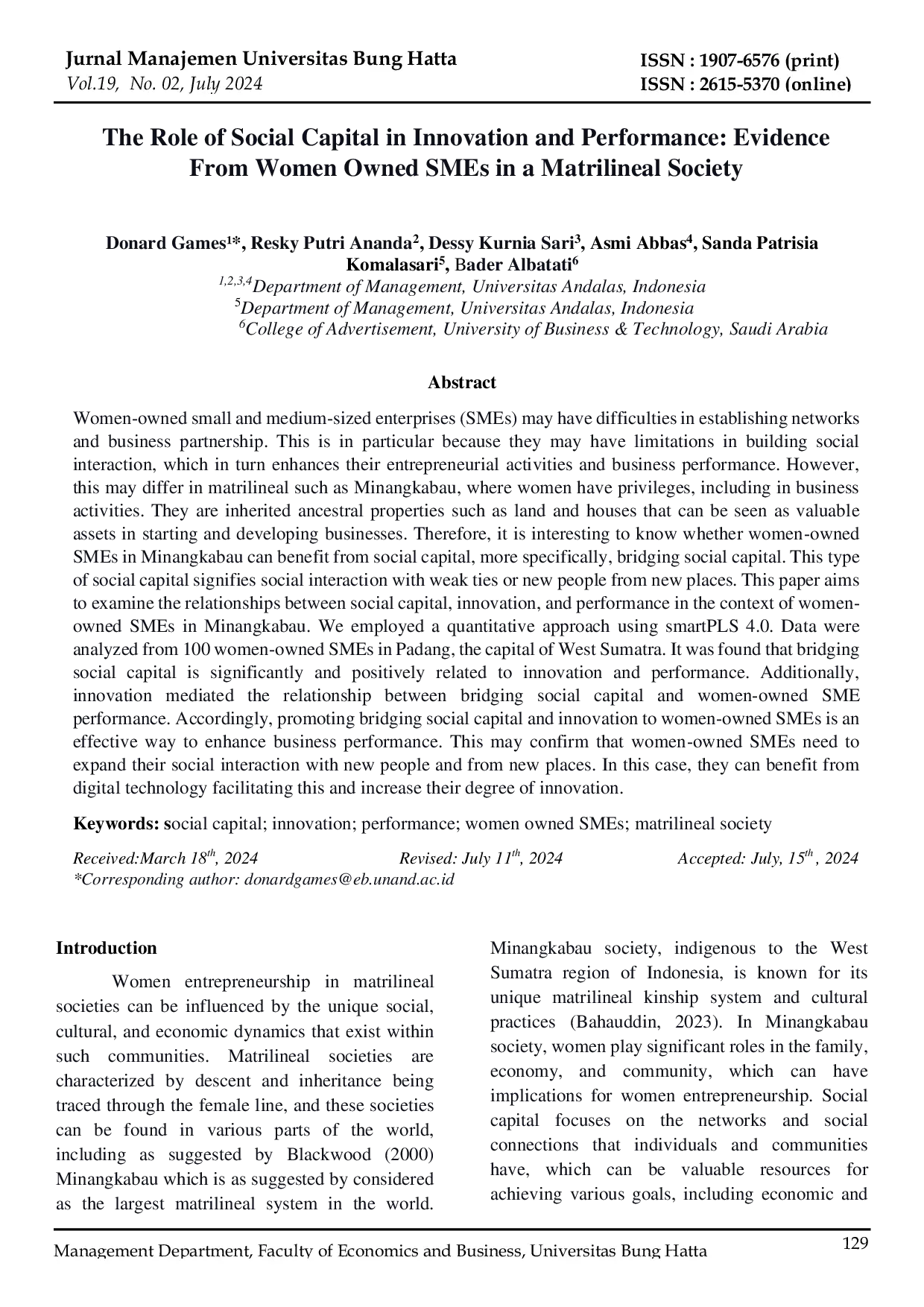 JURIS The Role of Social Capital in Innovation and Performance Evidence From Women Owned Smes in a Matrilineal Society