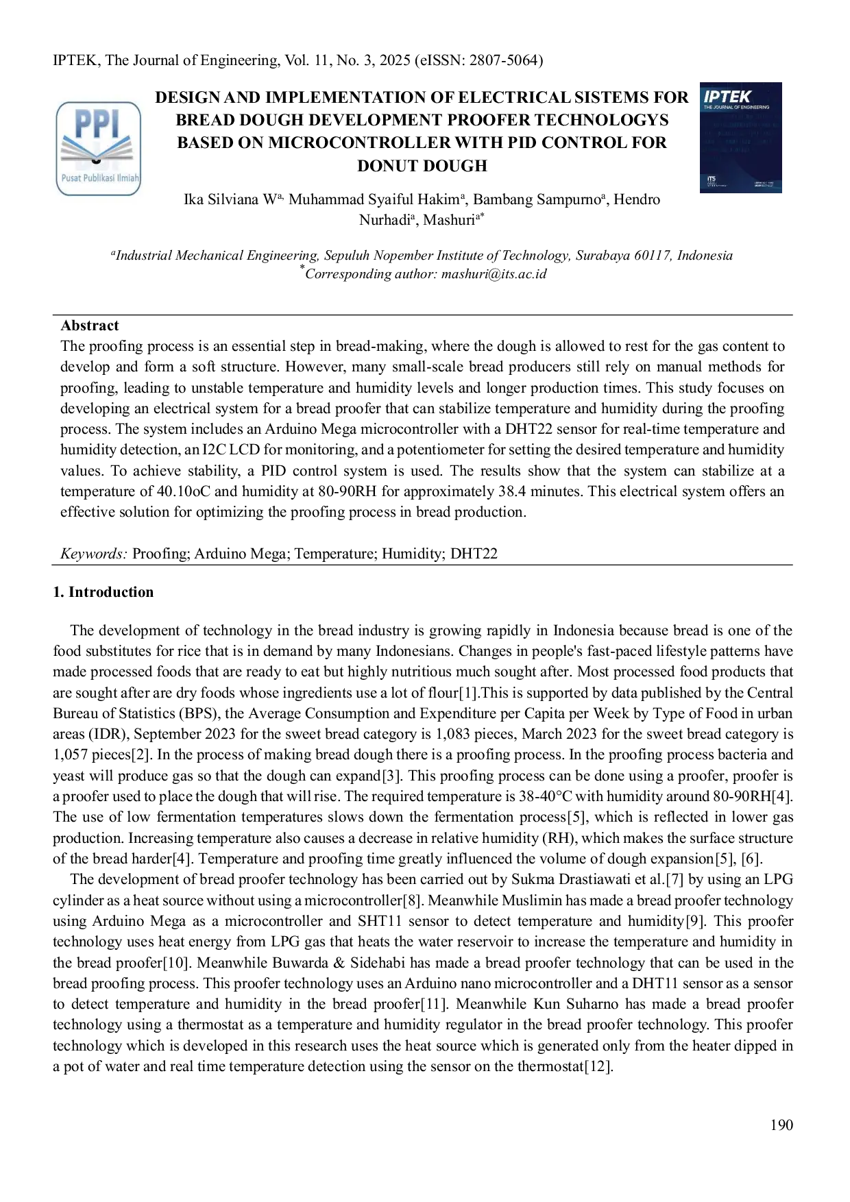 JURIS Design and Implementation of Electrical Systems for Bread Dough Development Proofer Technologies Based on Microcontroller with PID Control for Donut Dough