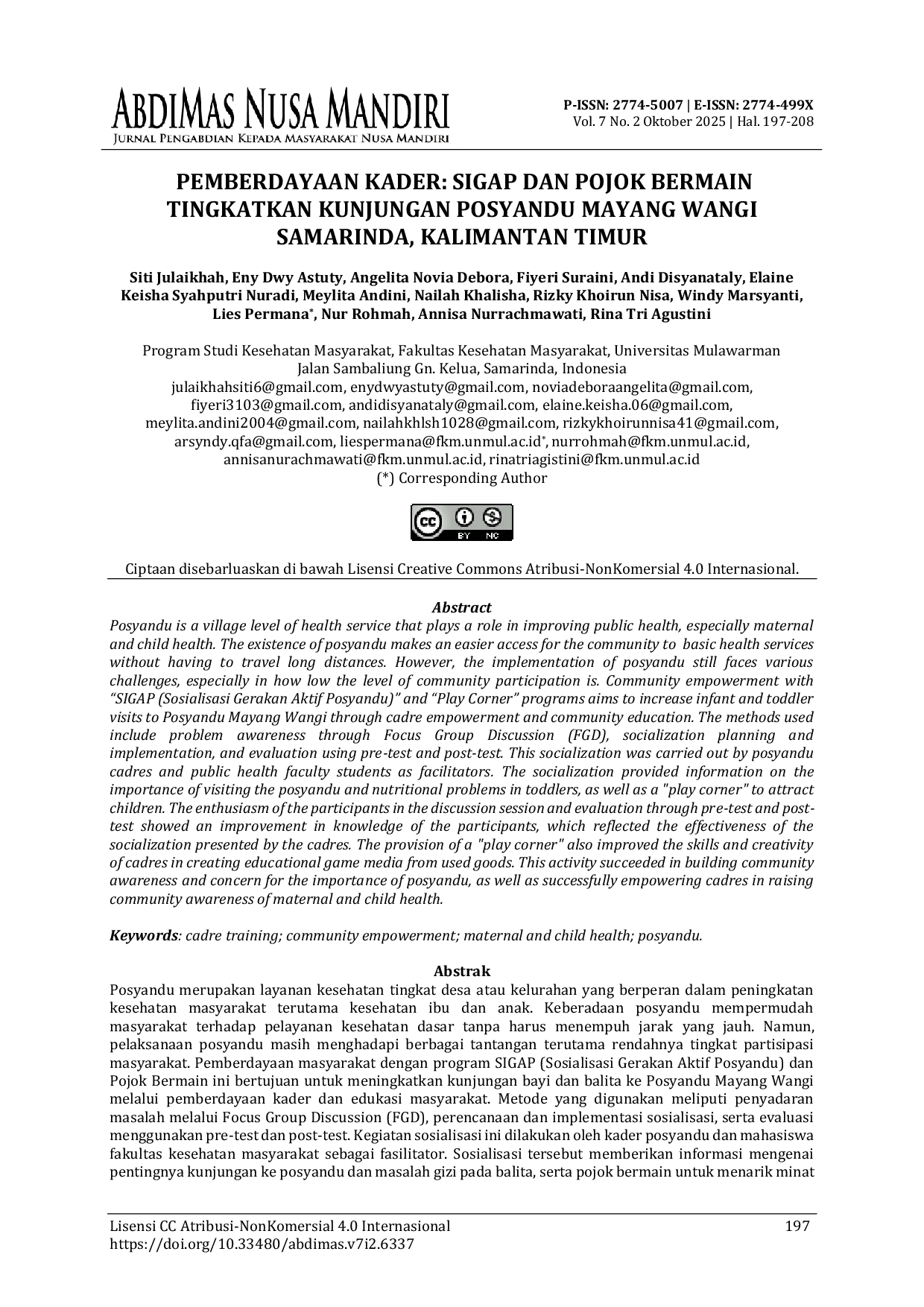 JURIS PEMBERDAYAAN KADER SIGAP DAN POJOK BERMAIN TINGKATKAN KUNJUNGAN POSYANDU MAYANG WANGI SAMARINDA KALIMANTAN TIMUR
